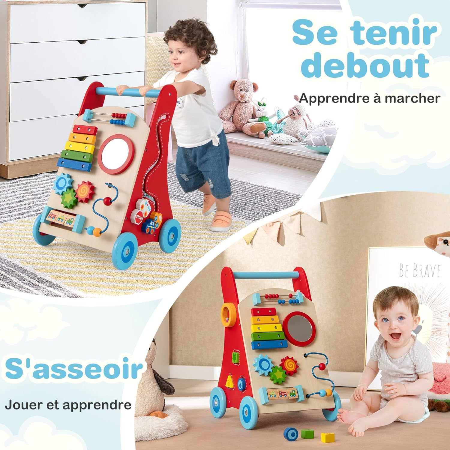 Trotteur Bébé en Bois, Chariot de Marche Bebe Montessori avec