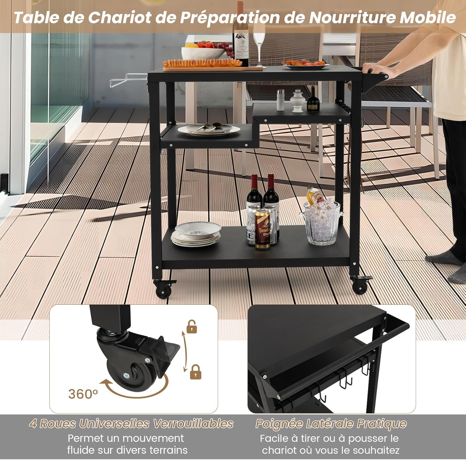 Carrello Barbecue da Esterno, Carrello BBQ Portatile con 3 Ripiani, 4 Ruote Bloccabili, Ganci, Maniglia Laterale, per Cucina Giardino - 4