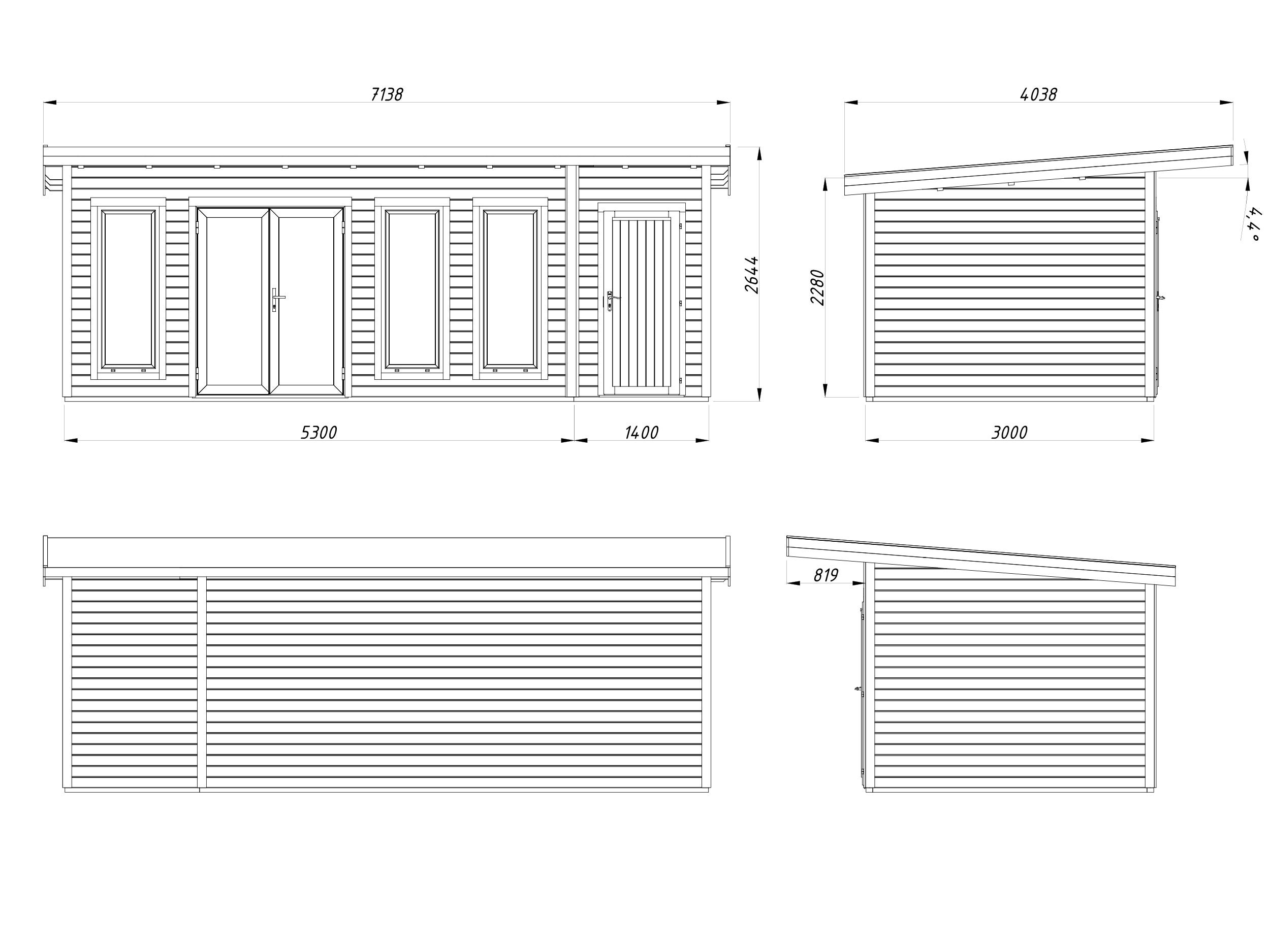 Studio de jardin en bois Aurelia - PALMAKO - Ep.44 mm - 670x300 cm - 28.4 m² - Double vitrage trempé - Peint gris - 4