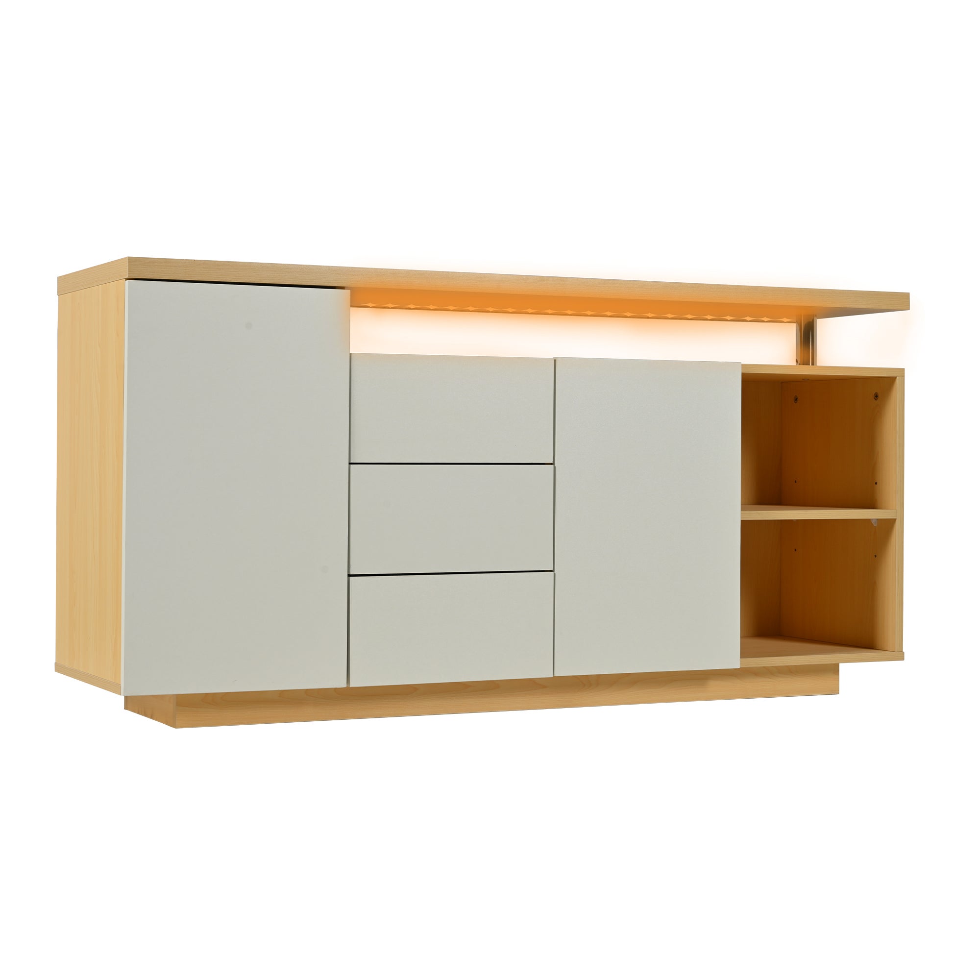 Credenza con illuminazione a LED - 2 ante, 3 cassetti, 2 nicchie - Naturale e Bianco - 4