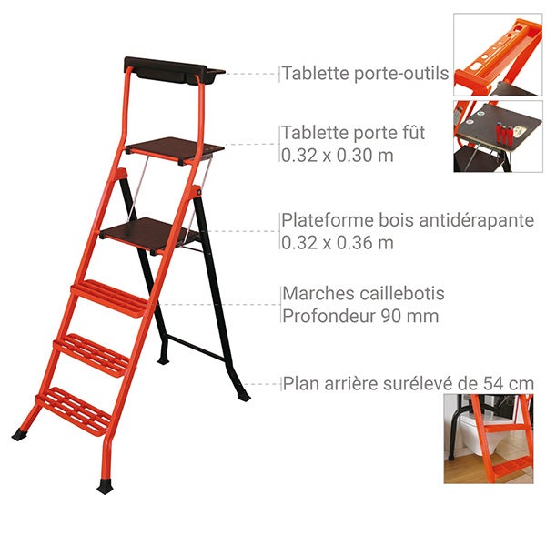 MONDELIN - Escabeau pro acier LESCABO® 70-90-110-140cm - Hauteur d'accès: 2,90m - 3