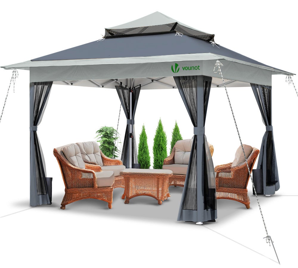 Gazebo Da Giardino VOUNOT 3.6x3.6m Beige Con 4 Pareti Rete - Tenda Doppio Tetto Pop Up Con Sacchi Sabbia - Foto 2