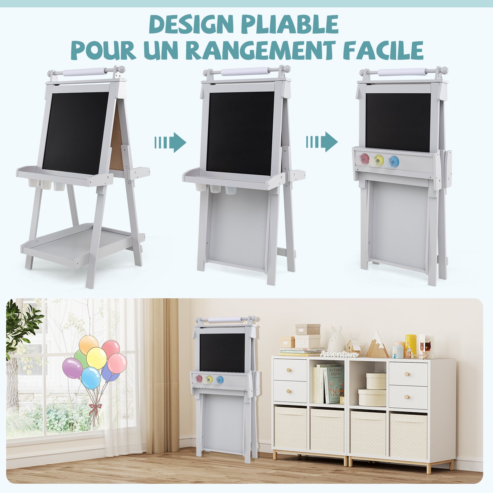 Chevalet Pliable pour Enfants, Double Face avec Tableau Noir et Tableau Blanc Magnétique, Rouleau de Papier Remplaçable, 3 Gobelets, Gris - 7
