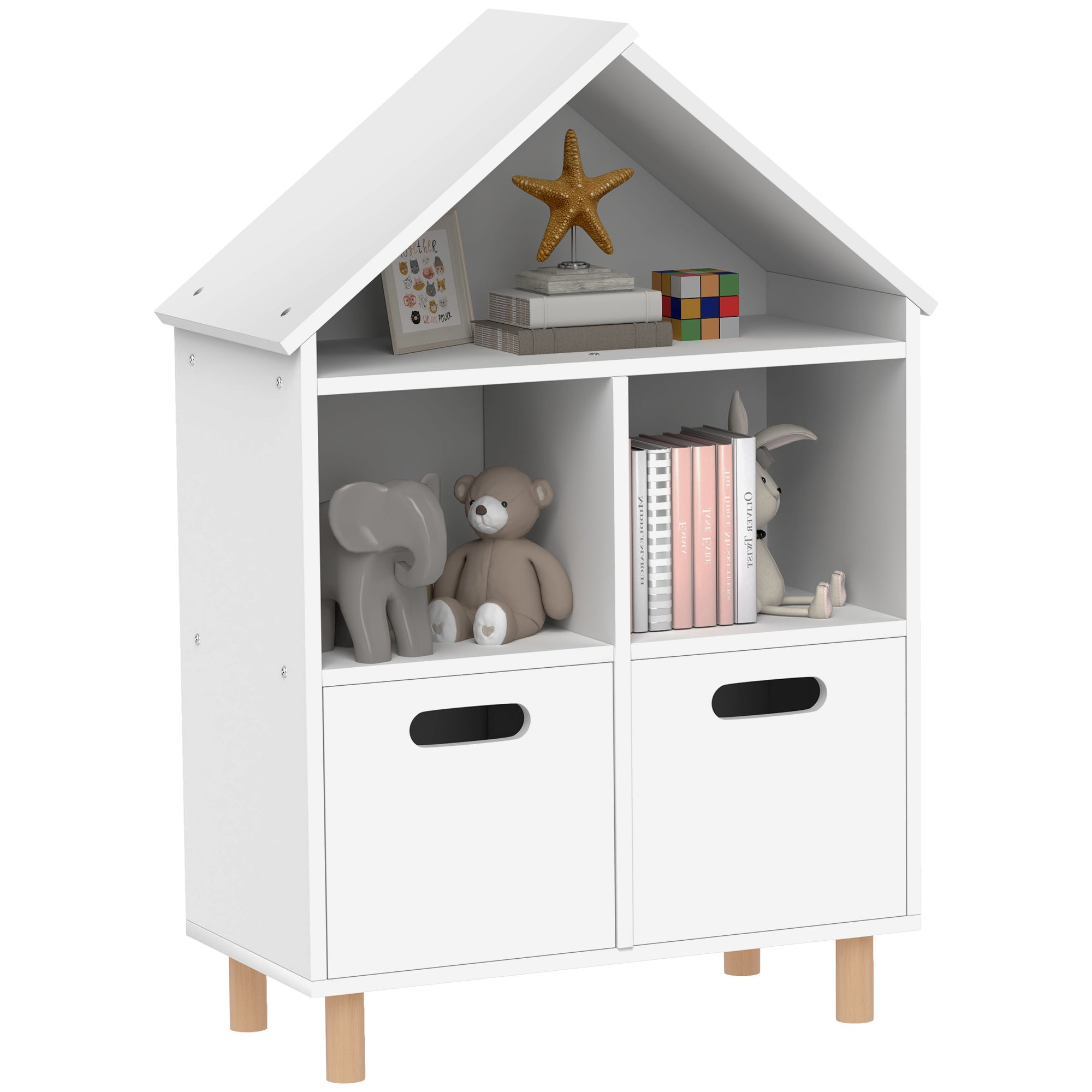 Presentoir Livre Enfant AIYAPLAY Bibliothèque Enfants, Meuble De Rangement Enfants, 3 Niveaux Avec Deux Tiroirs, Forme De Maison, Pour Chambres D' enfants, Chambre à Coucher, 63,7 X 29,7 X 89,5 Cm, Blanc Salon