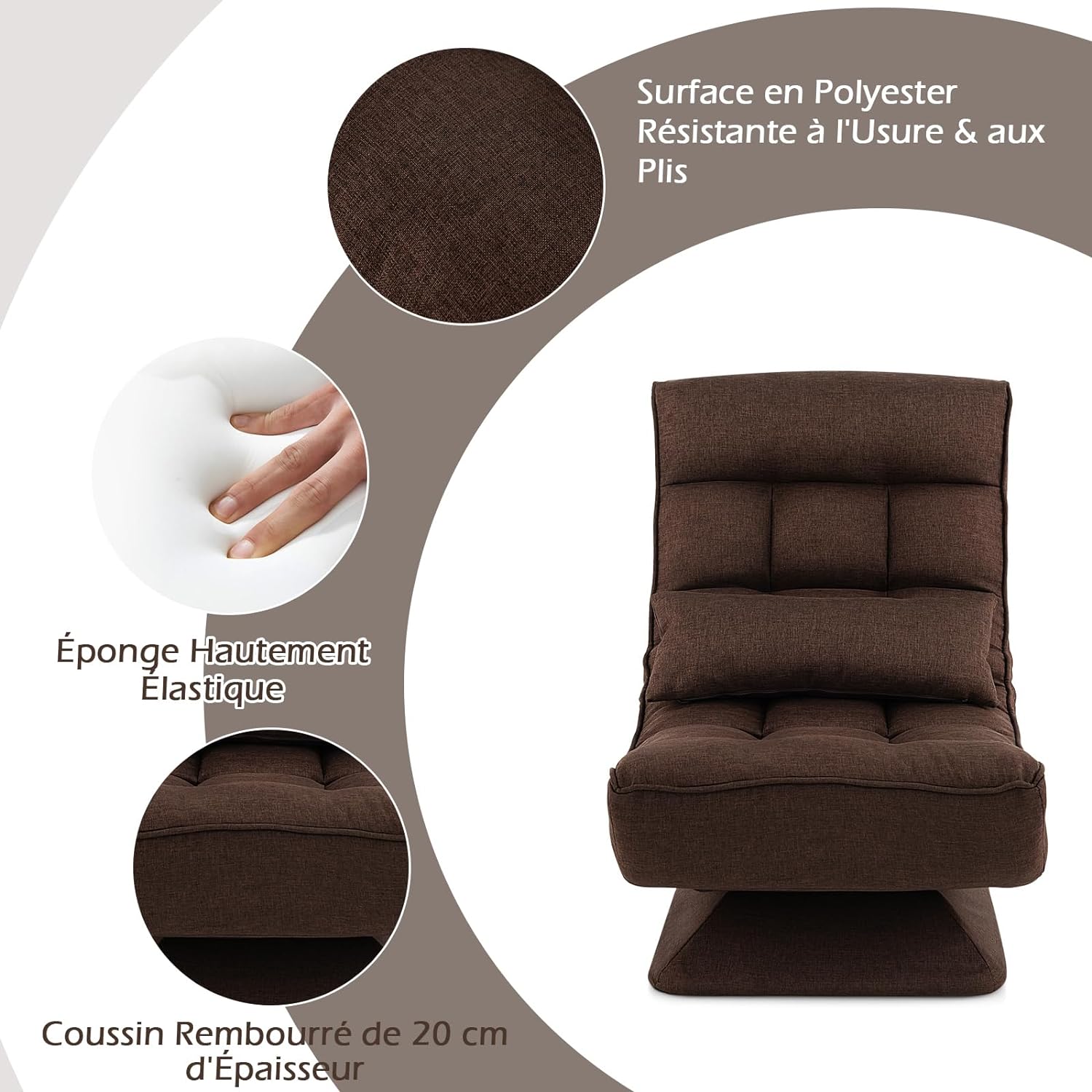 Chaise de Sol Pliable Réglable à 5 Positions,Fauteuil de Salon pour Méditer,Lire,se Reposer(Marron) - 5