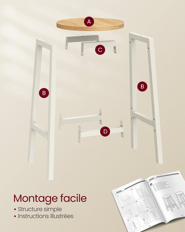 Conjunto de taburetes de bar, juego de 2, altura 65 cm, estructura de acero resistente, fácil montaje, estilo industrial, beige roble - 4