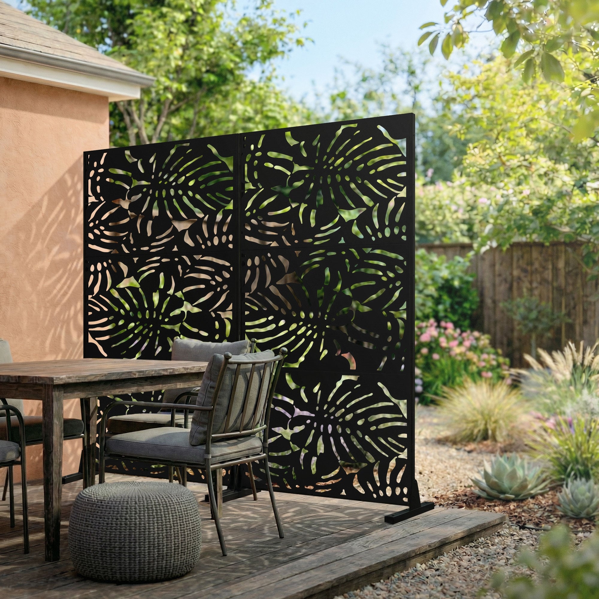 Brise-vue métallique roma 90x180 cm en acier modèle autoportant à 3 panneaux extensible avec supports paravent décoratif résistant aux intempéries - 3