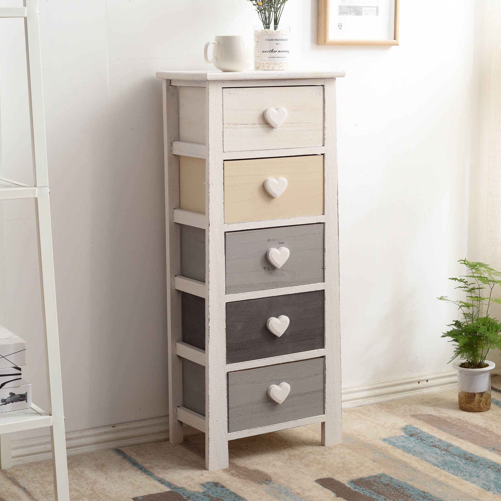 Chiffonnier Mobili Rebecca Commode 5 Tiroirs Bois Blanc Beige Gris 87x37x25 - 2