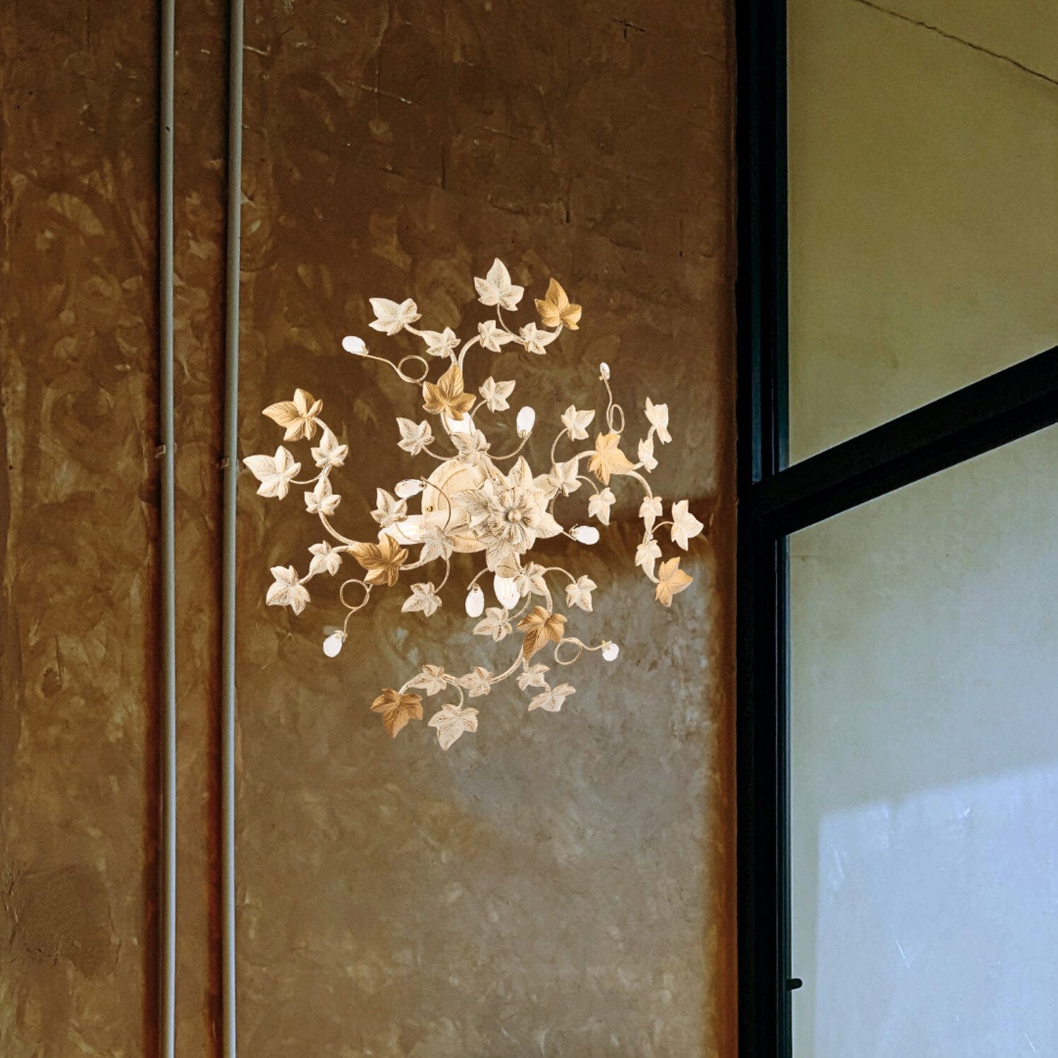 Edera Plafonnier en fer laqué ivoire décor or antique et strass cristal 4 lumières H.22 d.60 BL50-PL4-AV - 3