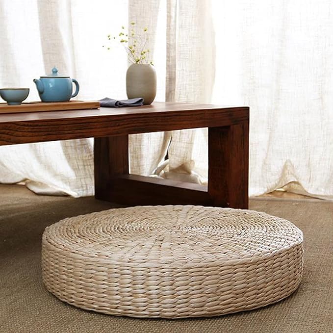 1 PCS - 40 cm Coussin de siège plat en paille, style japonais, en rotin tressé - Coussin rond pour tapis de yoga, pouf ou tatami - 3