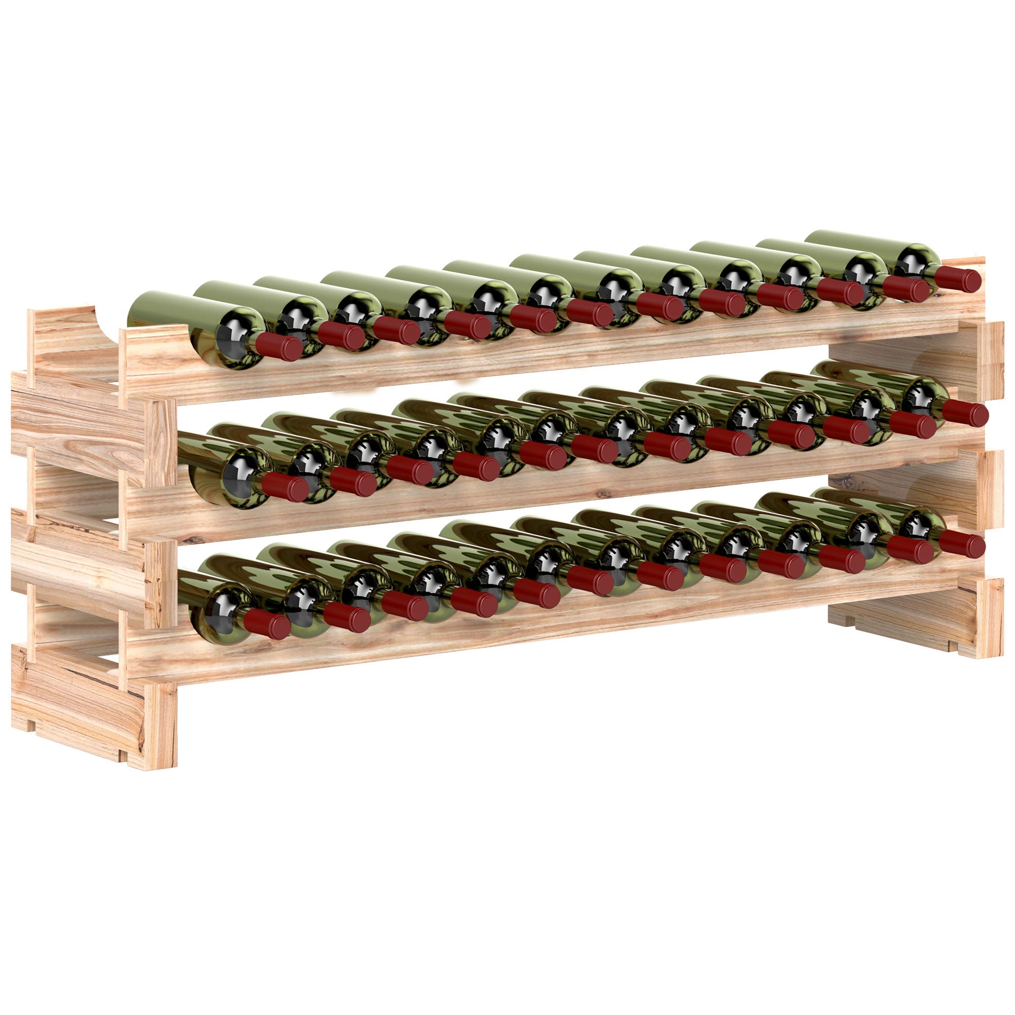 Botellero para 36 botellas, estante para vinos con 3 niveles ajustables, 114 × 28 × 42,5 cm, madera natural.