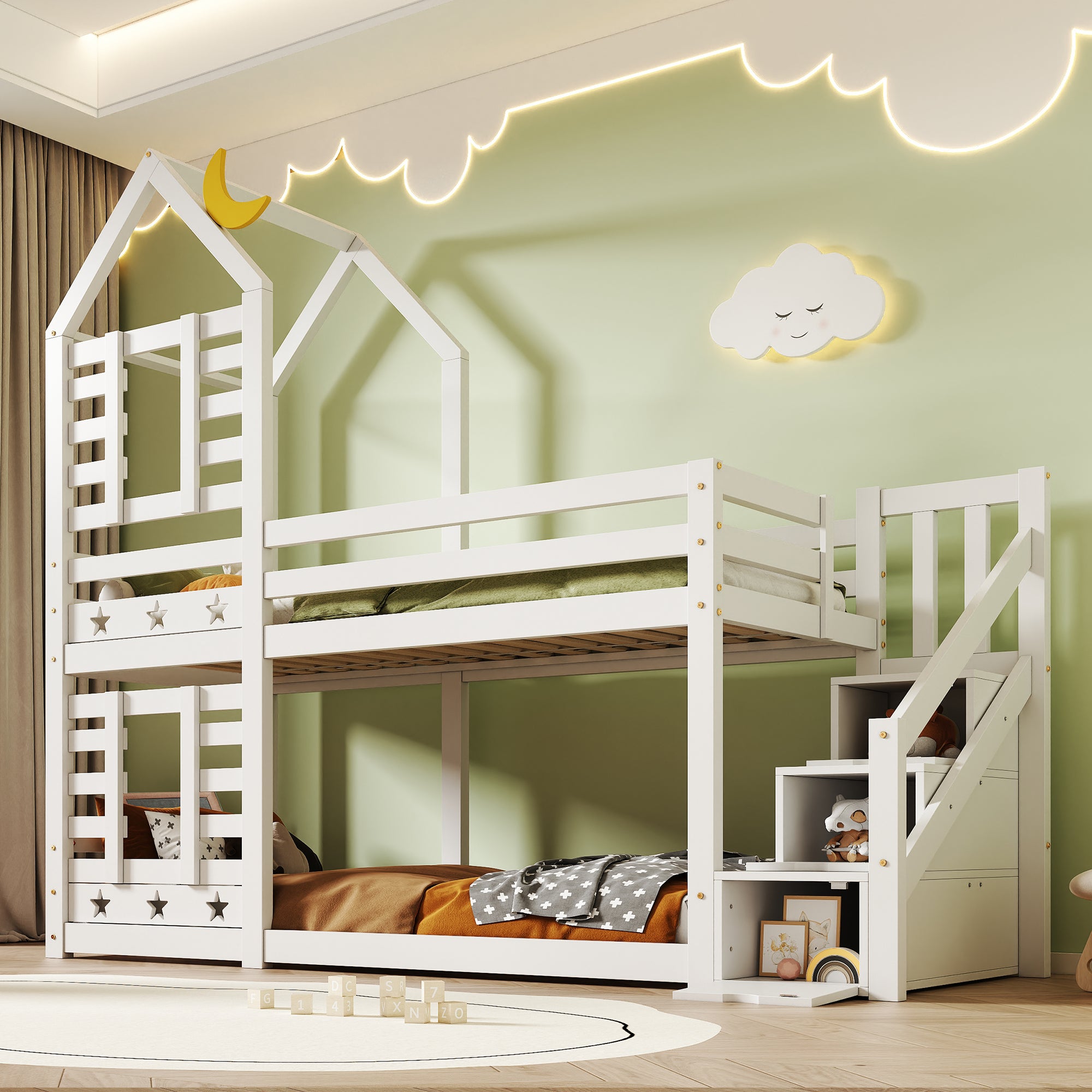 Łóżko piętrowe 2 x 90 x 200 cm z 3 szufladami i schodkami - lite drewno i płyta MDF - 2 x stelaż - białe