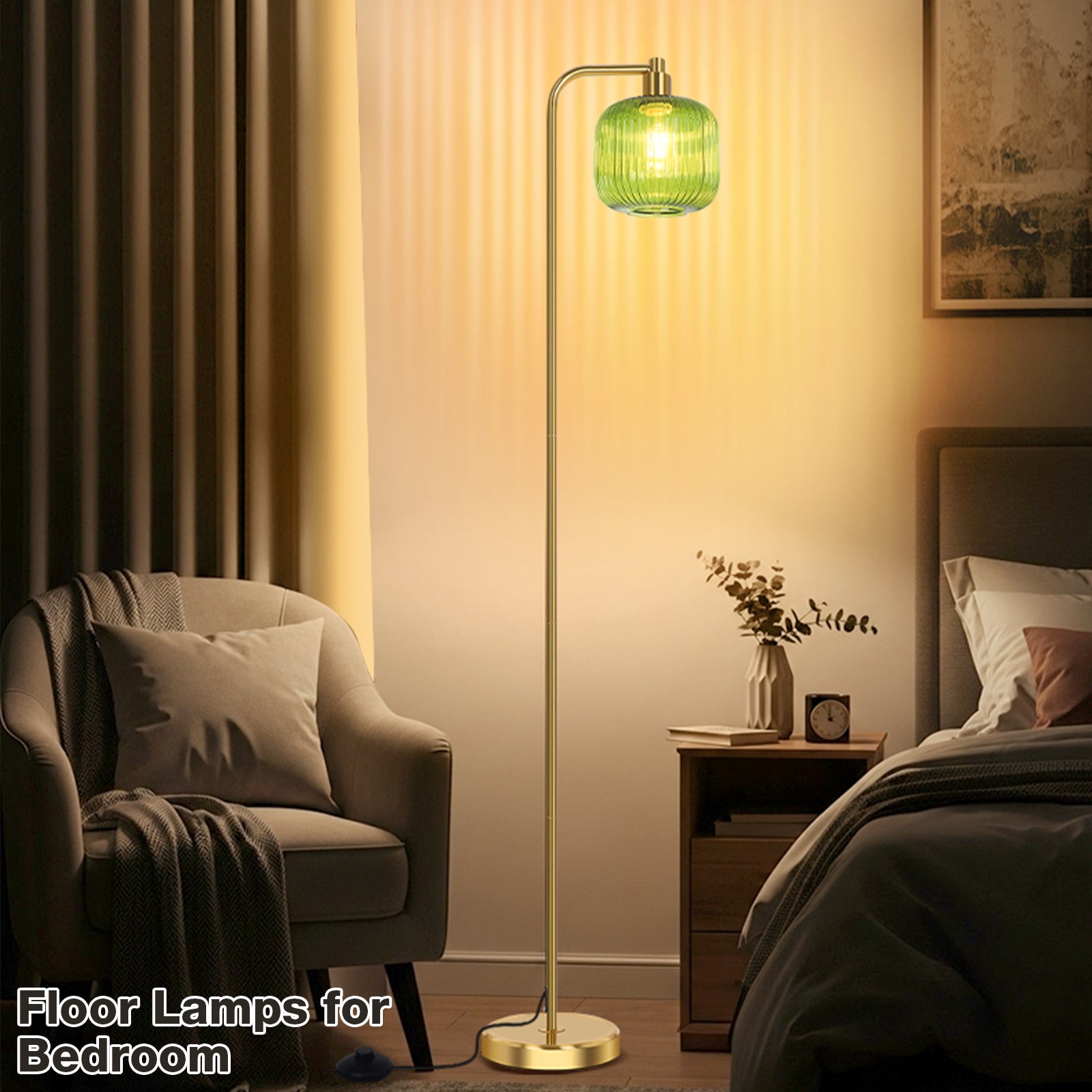 Lampadaire moderne en verre vert – abat-jour cannelé, interrupteur au pied, 170 cm, inclut ampoule LED 9W - 6