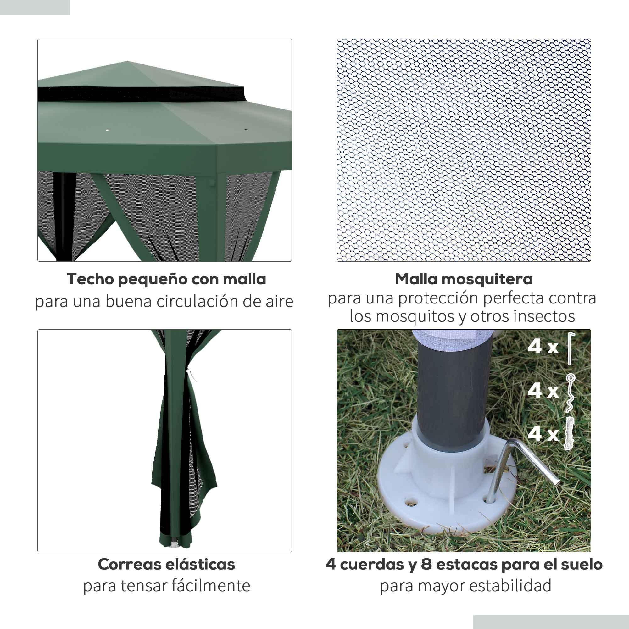 Carpa de jardín con 4 mosquiteras Outsunny 297x297x268 cm verde - 6