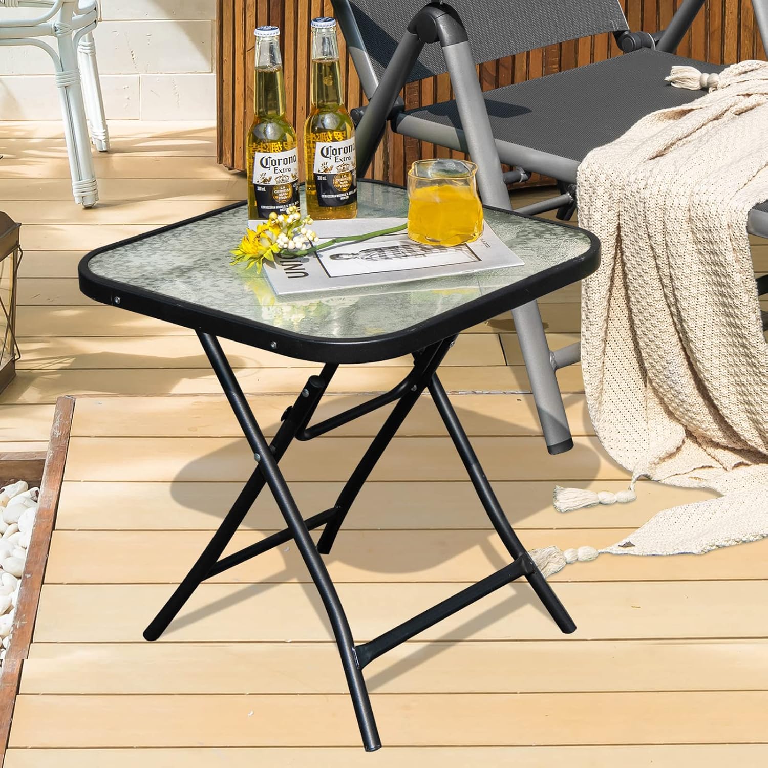 Table de Jardin Bistro Pliante, avec Plateau en Verre Trempé, 46,5x46,5x47,5cm, pour Intérieur et Extérieur Patio Balcon Terrasse, Noir - 2