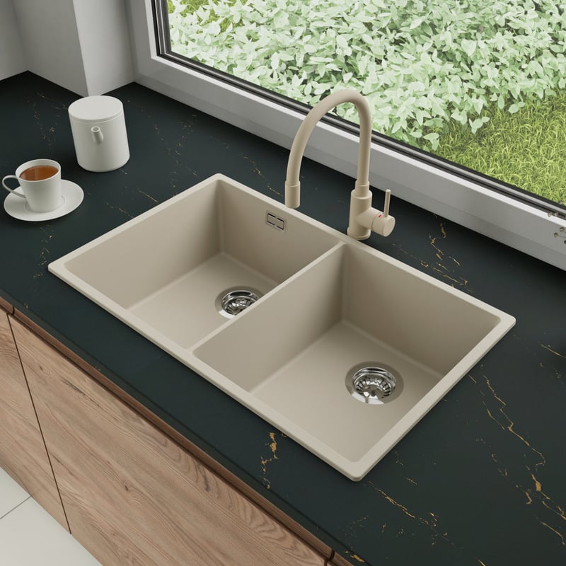 Zlewozmywak Granitowy 76x47cm, do szafki od 80cm + Bateria + Syfon - Agate Beżowy STONESTYLE