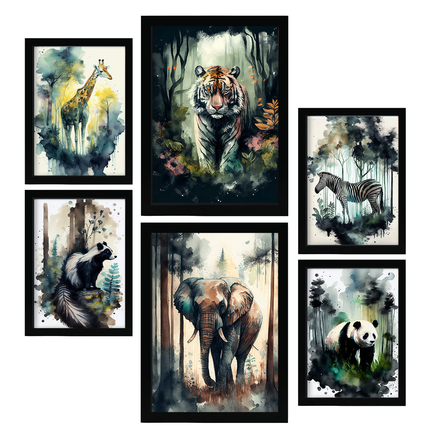 Nacnic posters de mundo salvaje coloridas ilustraciones de animales en paisajes naturales estilo acuarela diseño moderno para la a4 & a3 marco negro