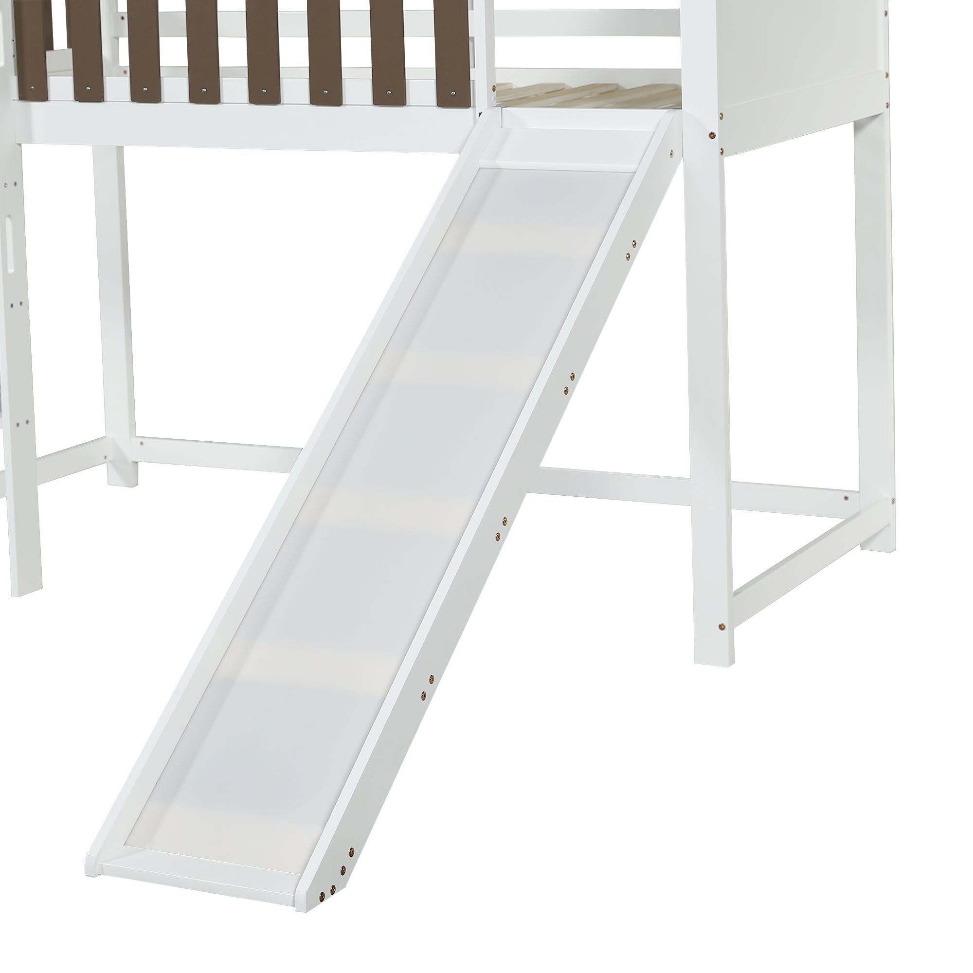 Lit mezzanine 90x200 cm avec échelle et toboggan - en bois de pin et MDF - Blanc & Marron - 8