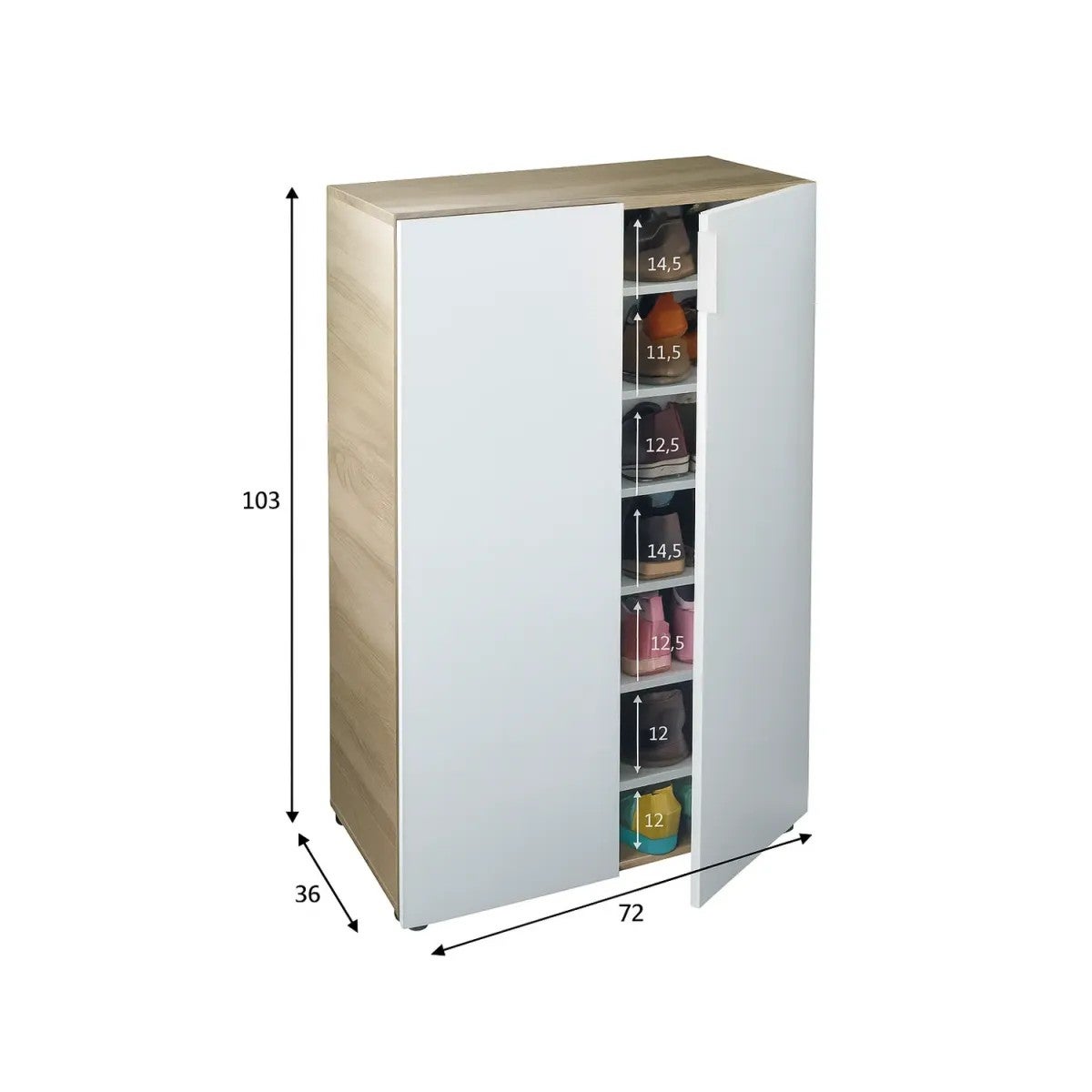 Scarpiera 2 Ante 72x36x103 cm Rovere Bianco Artik con 6 Ripiani - 6