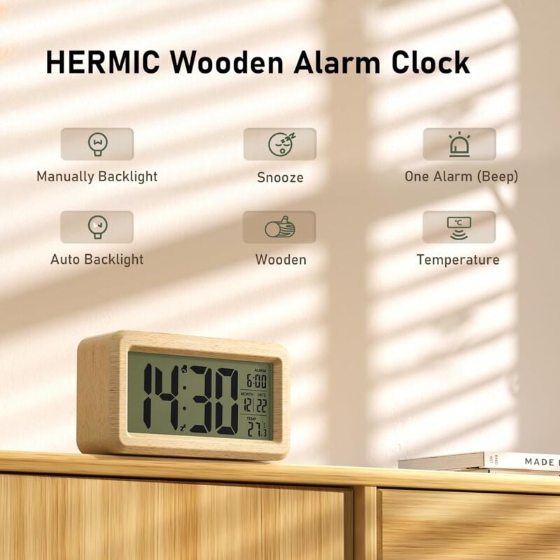 Reveil Numerique, Reveil Matin a Piles en Bois avec Grand écran LCD, Horloge Numérique avec Rétroéclairage, Date, Température, (3 Piles AAA Incluses) - 3