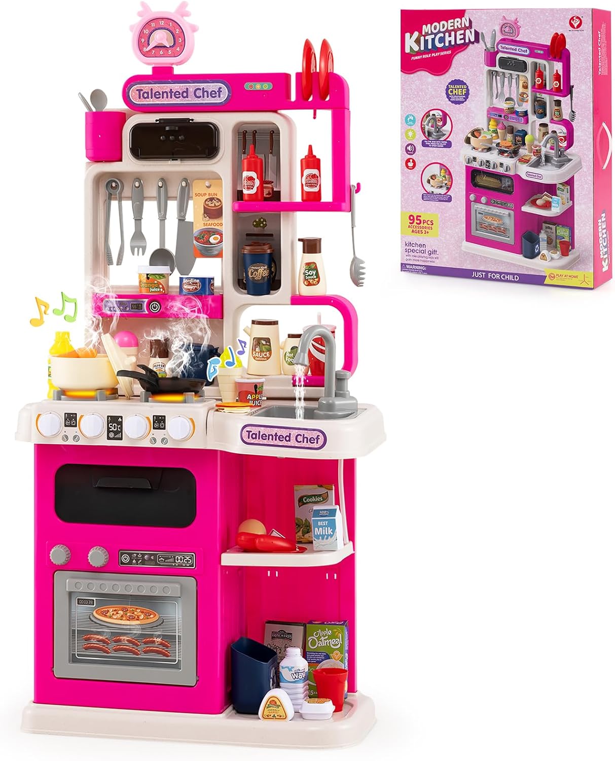Kuchnia dla Dzieci z Efektami Dźwiękowymi i Światłami, Zabawka Kuchenna z PP z Kuchenką, Lodówką, Kuchenką Mikrofalową, Zlewem, Kranem (Różowa)
