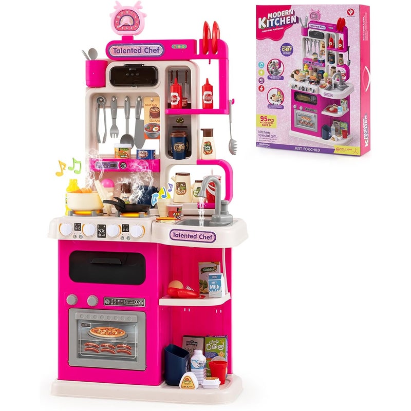Kuchnia dla Dzieci z Efektami Dźwiękowymi i Światłami, Zabawka Kuchenna z PP z Kuchenką, Lodówką, Kuchenką Mikrofalową, Zlewem, Kranem (Różowa)