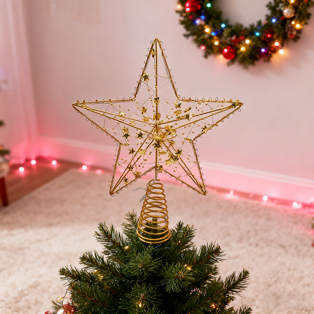 Topo de árvore de Natal em forma de estrela com luzes LED, decorações de Natal douradas, topo de árvore de Natal, enfeite de Natal - 3
