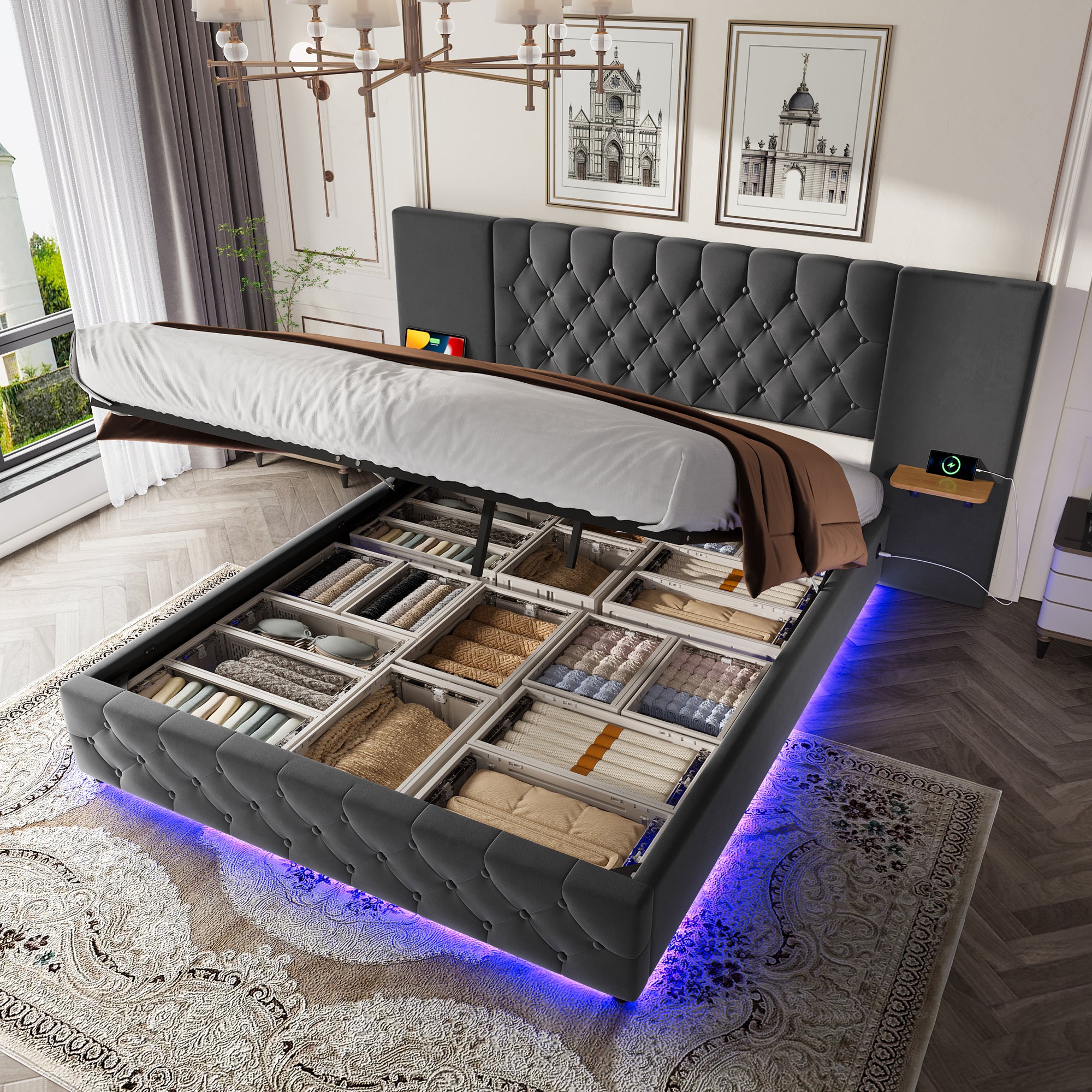 Lit Rembourré Juskys Paris Avec éclairage LED – 140x200 Cm – Blanc