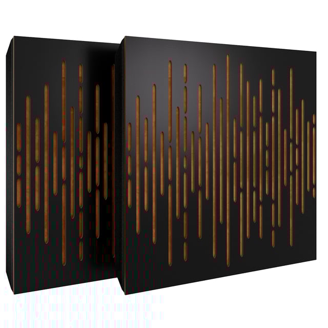 Lot de 2 Panneaux acoustiques WAVE-F décoratifs insonorisants 50x50x5 cm - MDF perforé laminé, tissu et mousse acoustique -Noir+Doré
