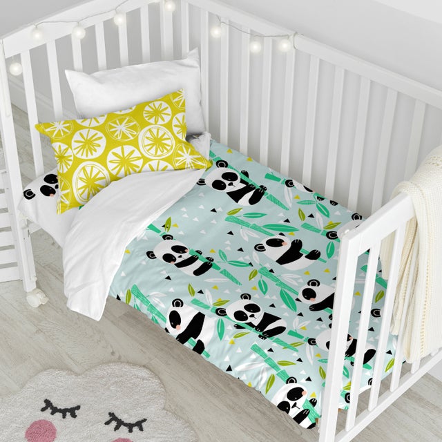 Panda garden blue Parure housse de couette Berceau 100x120 cm