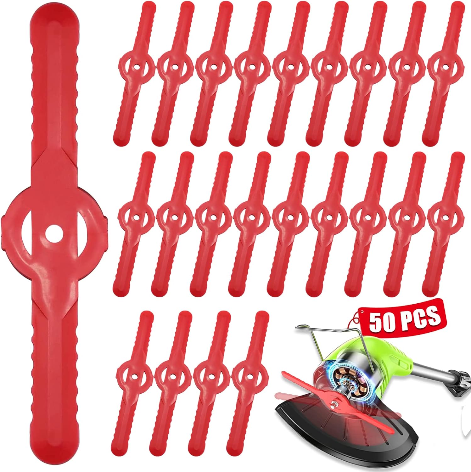 Zestaw 50 sztuk plastikowych ostrzy zamiennych do bezprzewodowych kosiarek do trawy, 139 mm, do ogrodu, sadu, lasu lub pola.