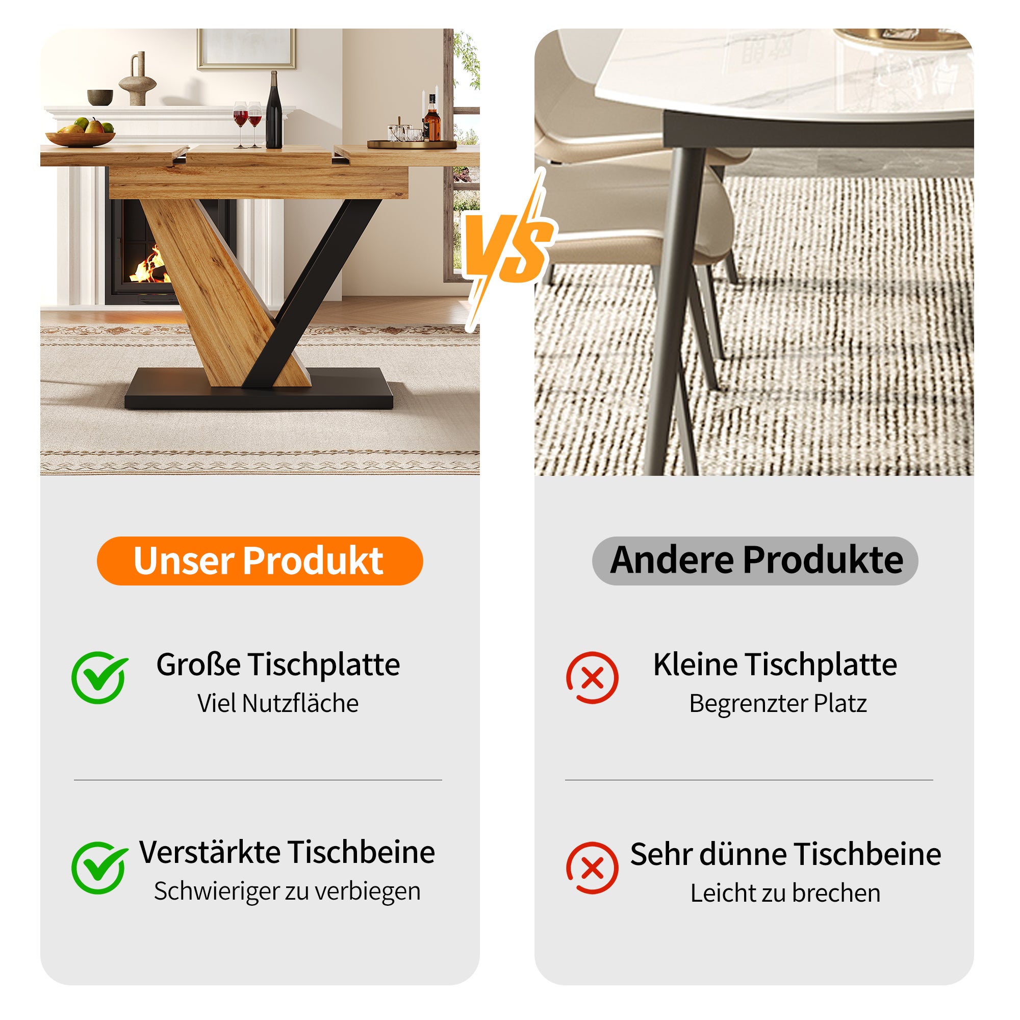 Table a Manger Extensible (120-160×75×75,5cm),design extérieur à grain de bois,Table de Cuisine 6/8 Personnes,Pour cuisines et salons,Naturelle+Noir - 9