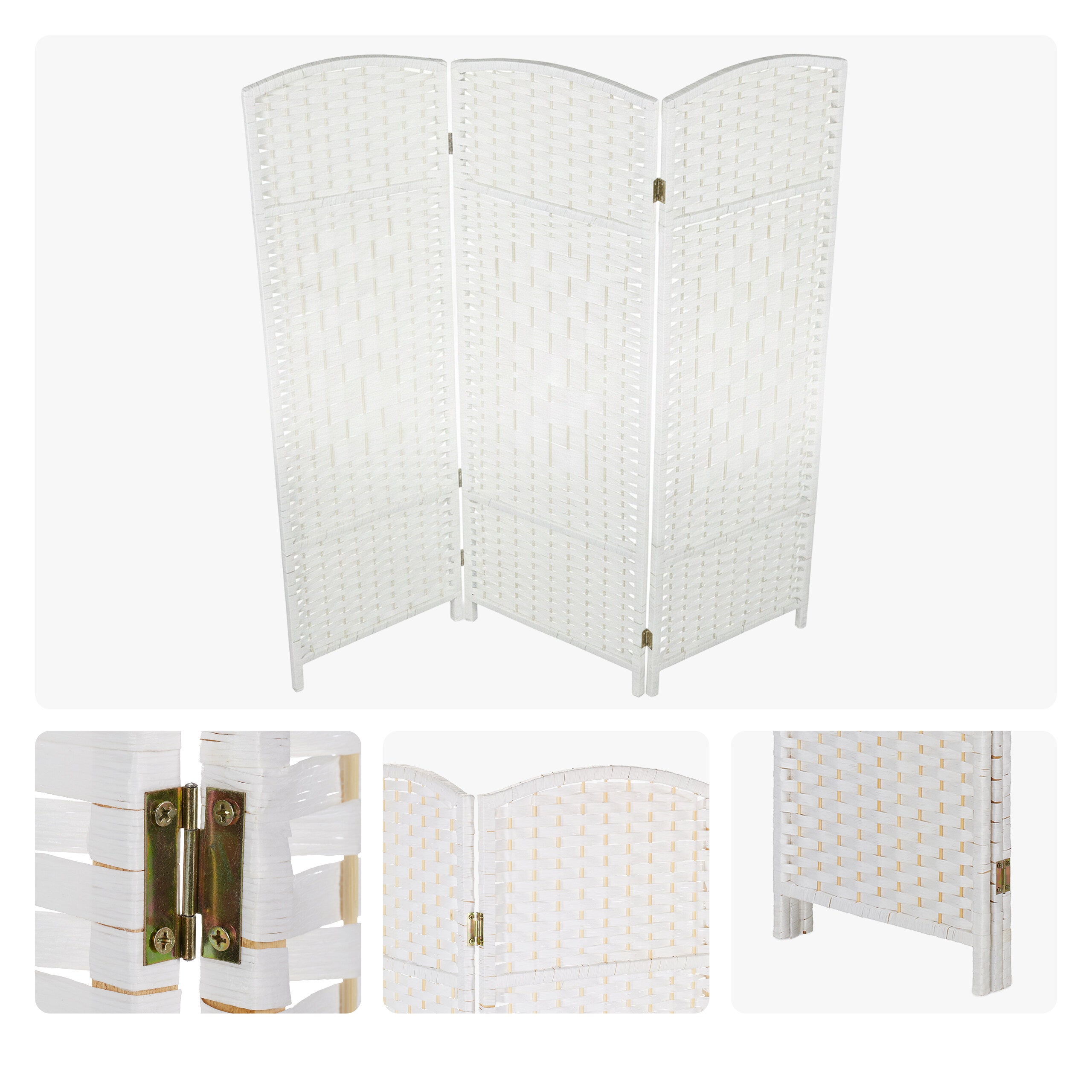 Paravent, bois et corde de papier, brise-vue pliable, 3 volets, H x L : 170 x 120 cm, pour intérieur, blanc, Relaxdays - 8