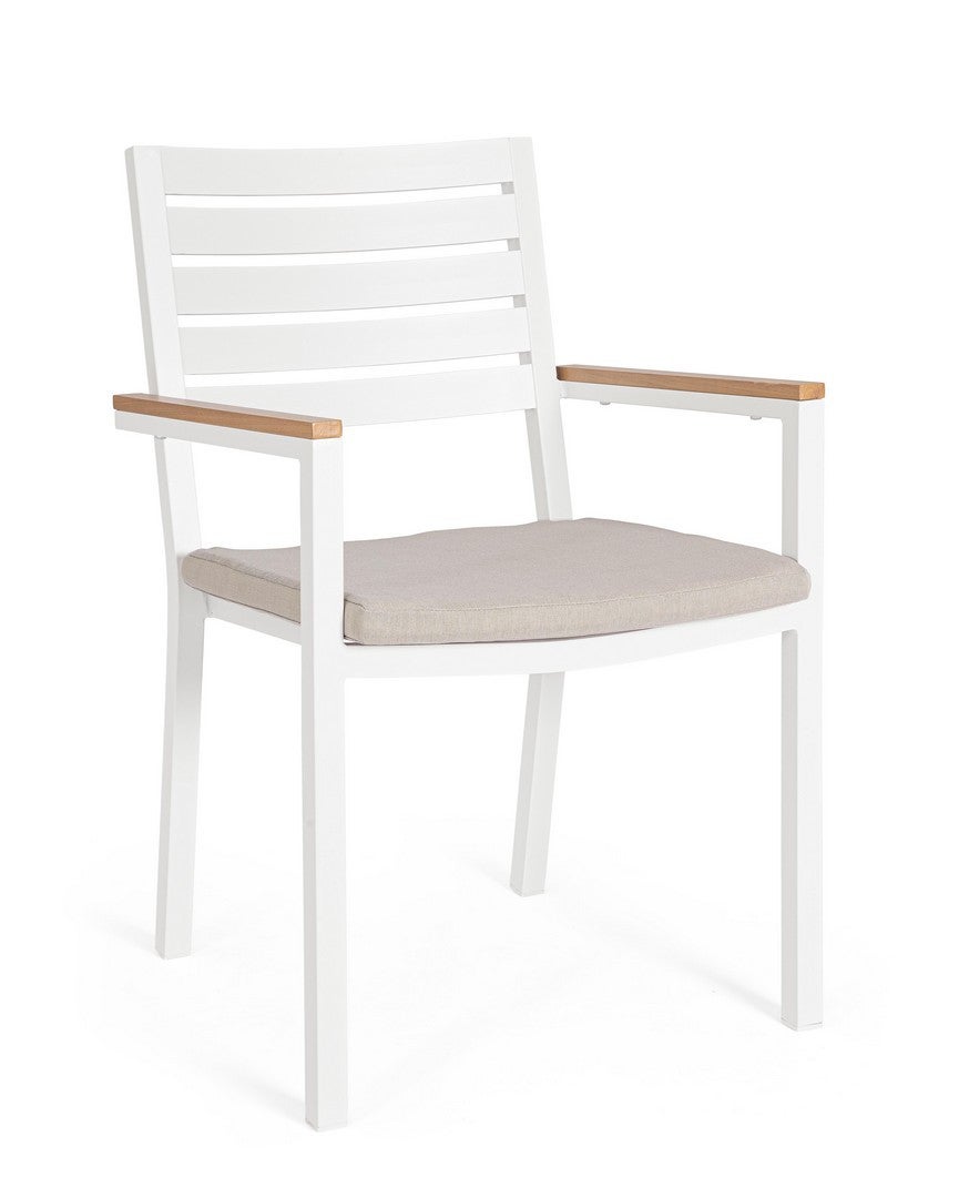 Zestaw 4 aluminiowych krzeseł z podłokietnikami imitującymi drewno i zdejmowaną poduszką z poliestru, kolor "Henna" biały