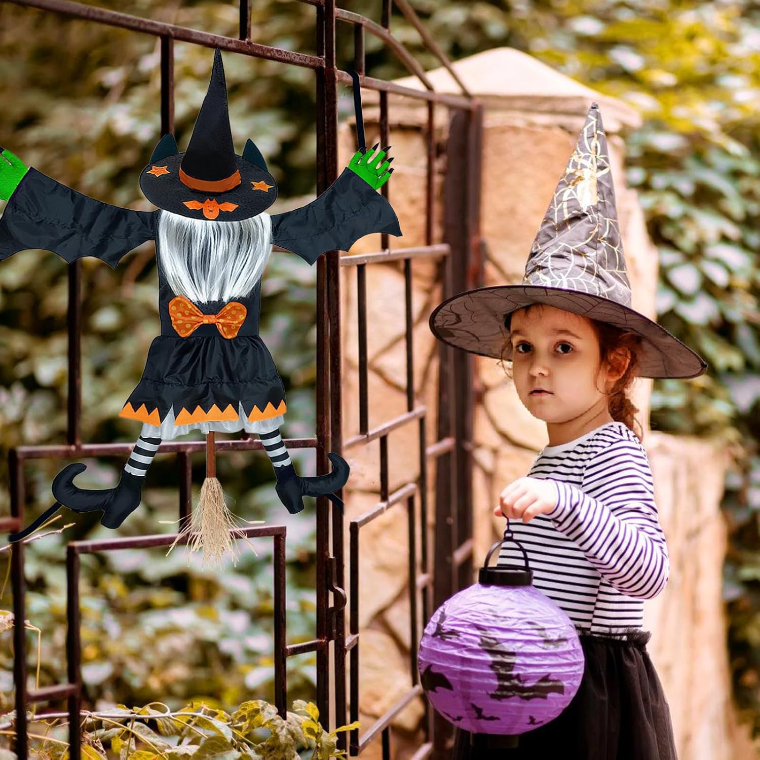 Décoration Suspendue Extérieure Halloween, Sorcière 135cm, Jaune Et Lumières Blanches