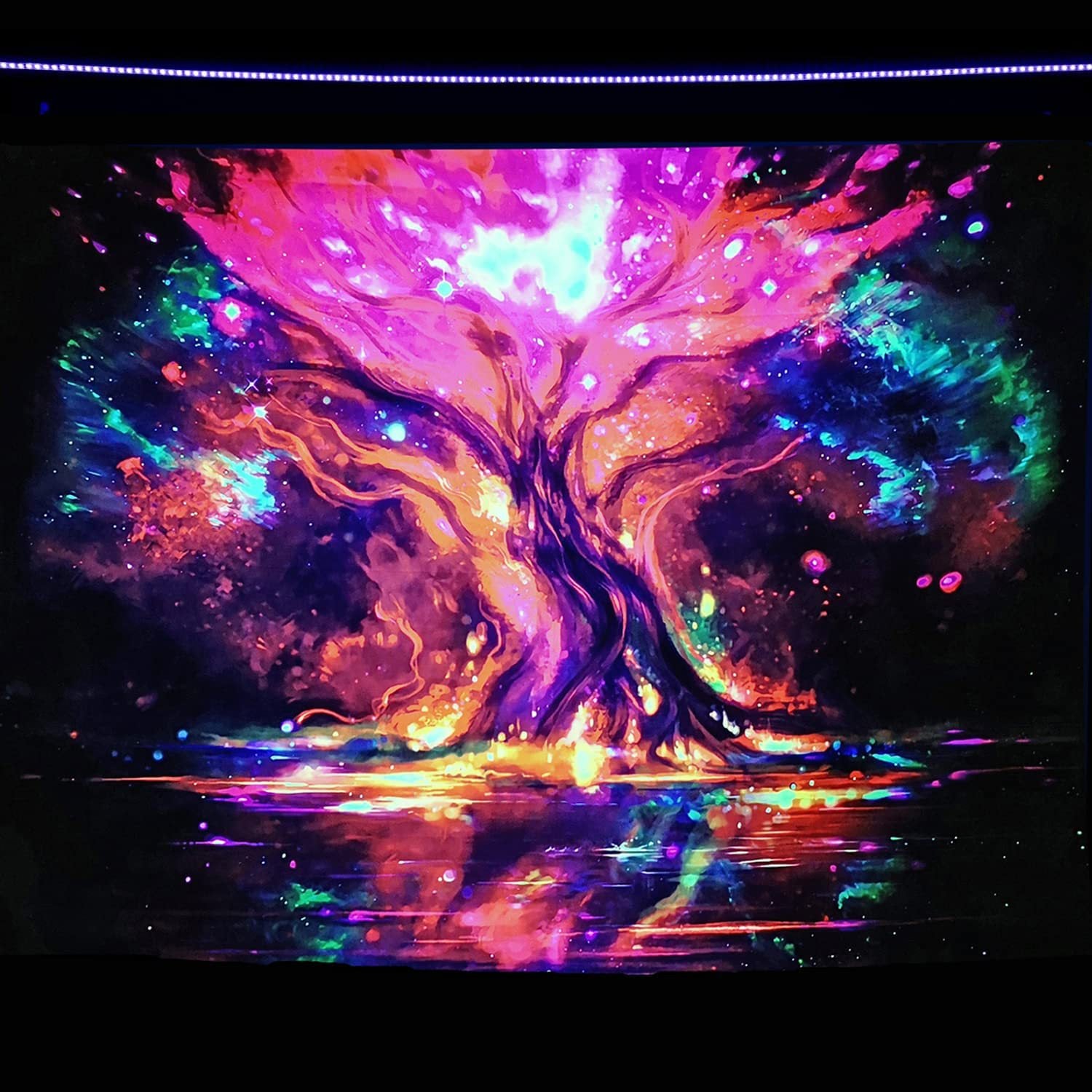 Psychodeliczny gobelin z fluorescencyjnym motywem drzewa życia, 180 x 230 cm. Indyjski gobelin do powieszenia na ścianie. Wielokolorowy koc.