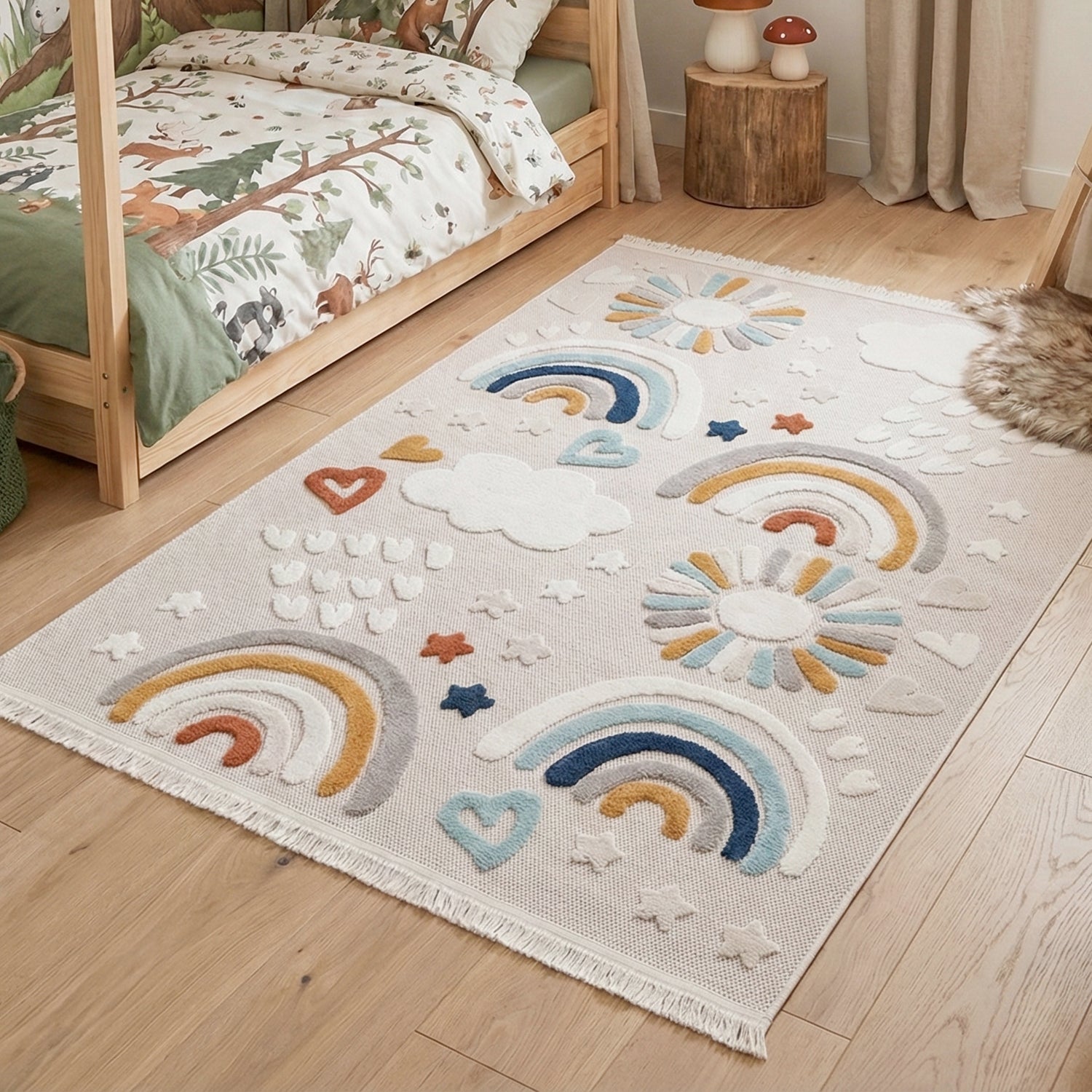 RUGURA - Tappeto per bambini per cameretta ragazzi con nuvole, stelle, arcobaleni e animali 230x160 cm turchese ocra blu - 5