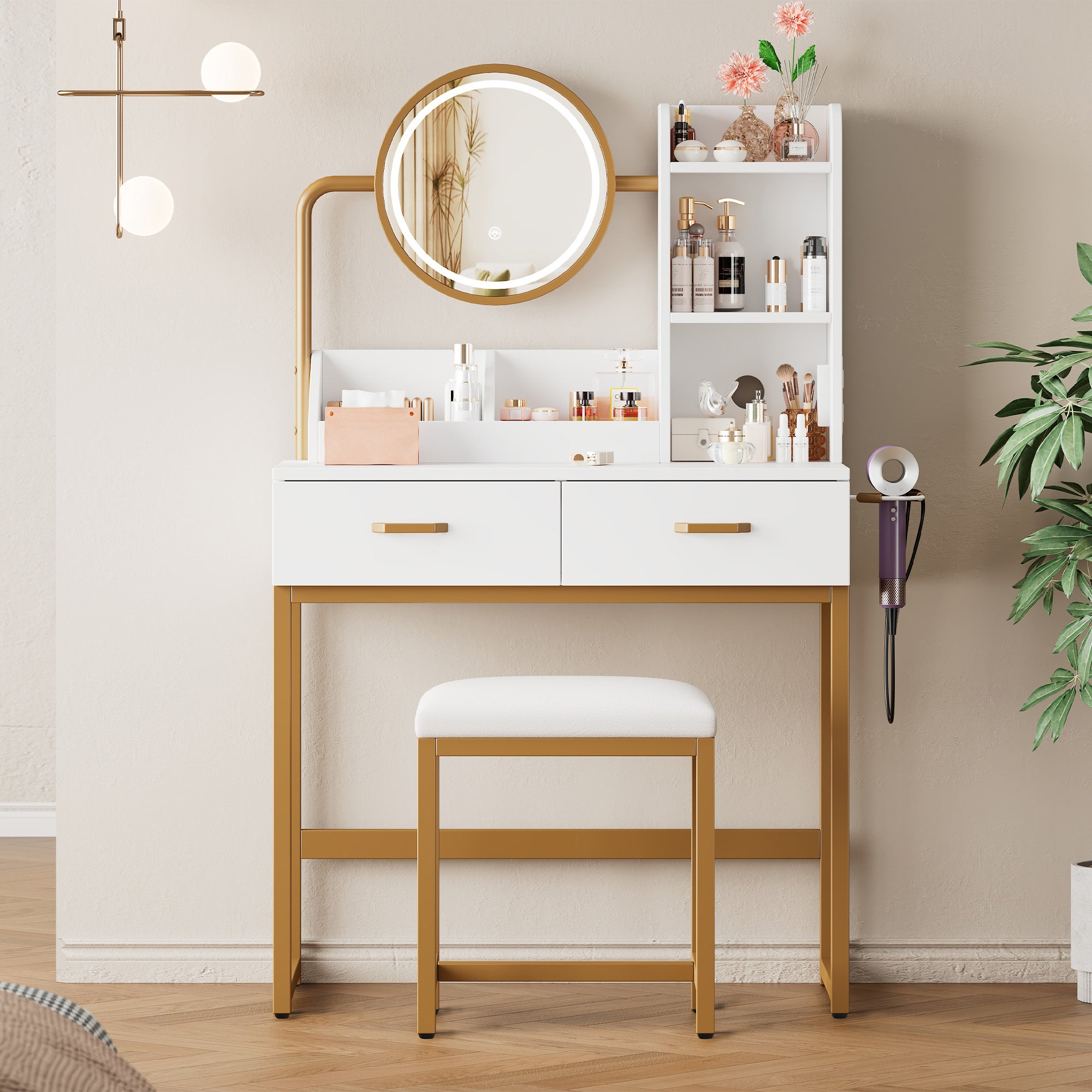 Coiffeuse moderne avec miroir pivotant, 2 tiroirs et tabouret - 80 x 40 x 138.5 cm - Panneaux de particules - Prises électriques - Blanc - 4