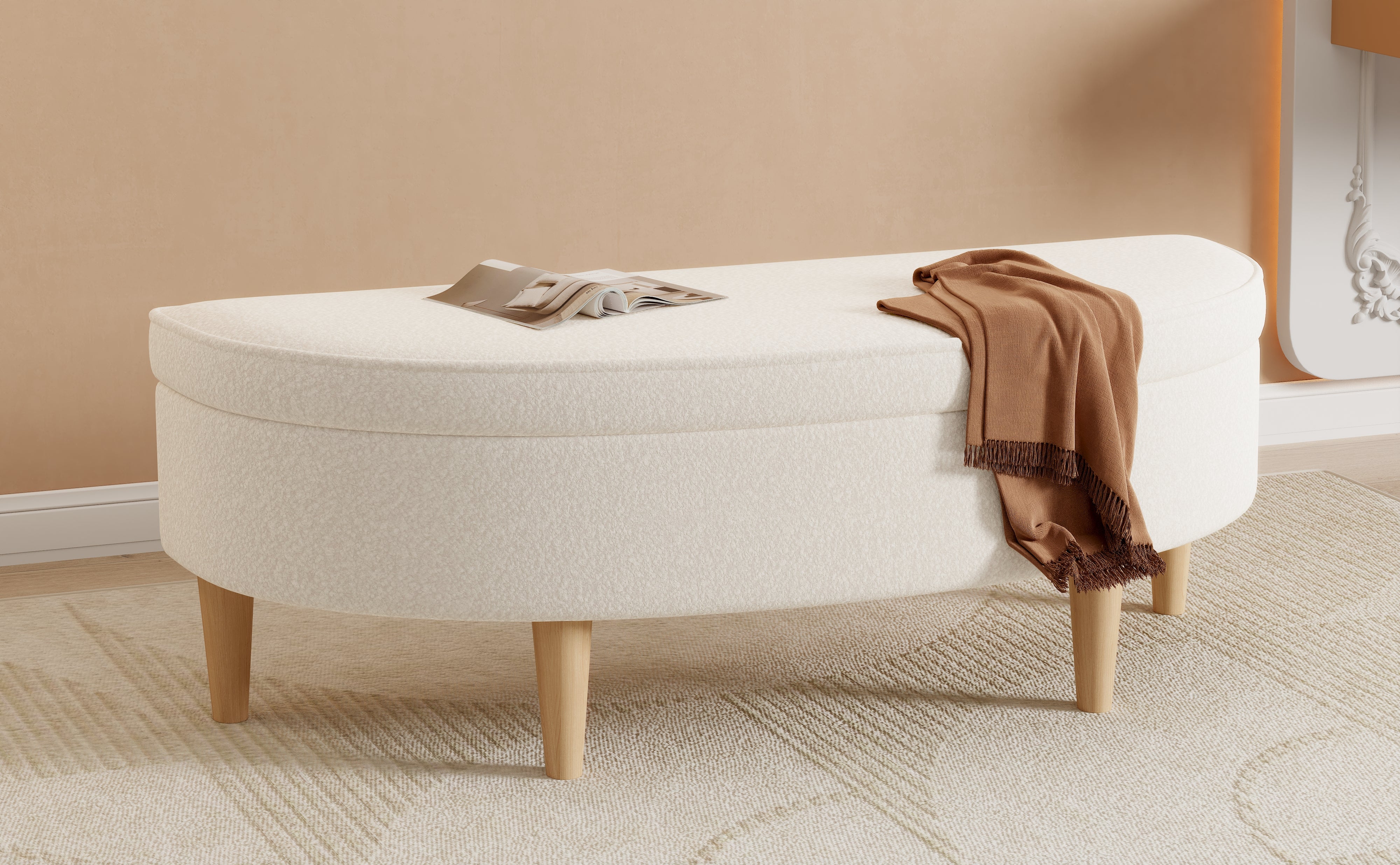 Banc de chevet semi-circulaire en peluche avec espace de rangement - 119 x 40 x 39 cm - pour chambre ou salle à manger - Gris - 4