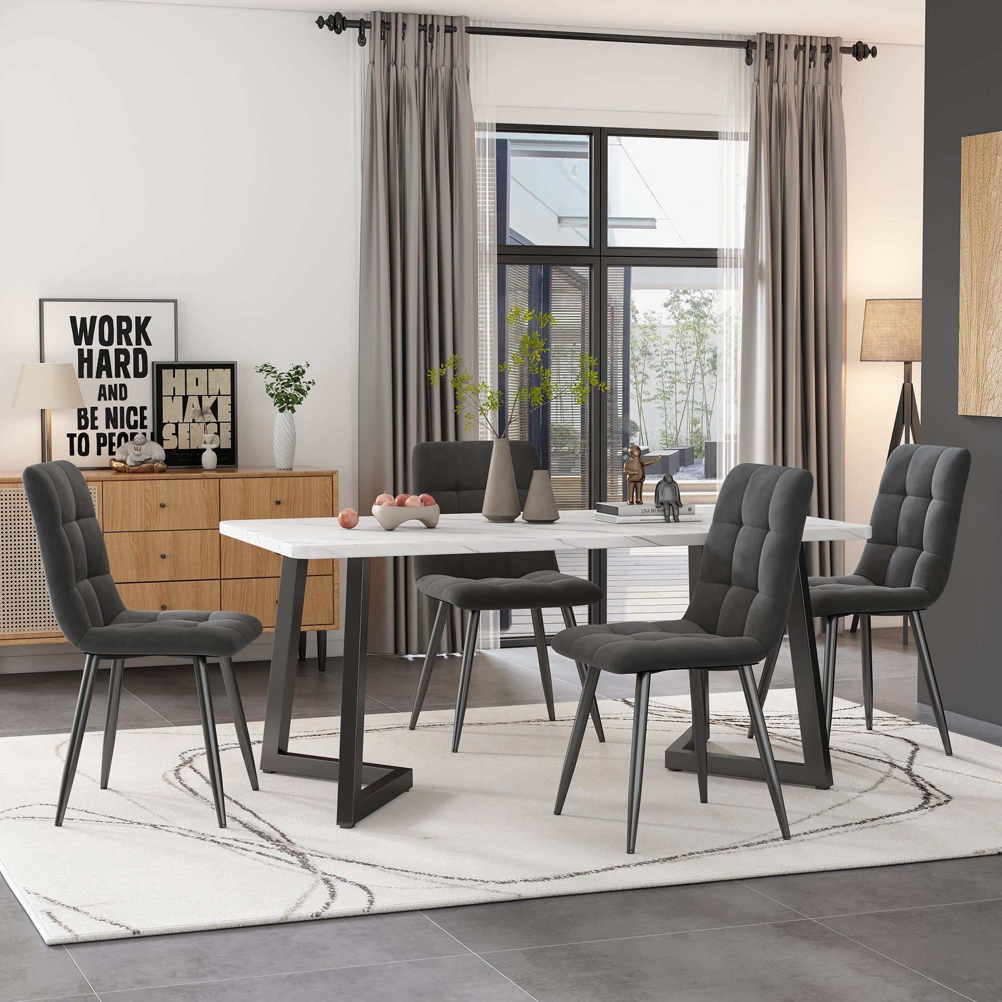 Zestaw stołu jadalnianego-117 cm-prostokątny-stół kuchenny-nowoczesny design-4 krzesła-jadalnia-ciemnoszary aksamit-wysokie oparcia-wygodne siedziska