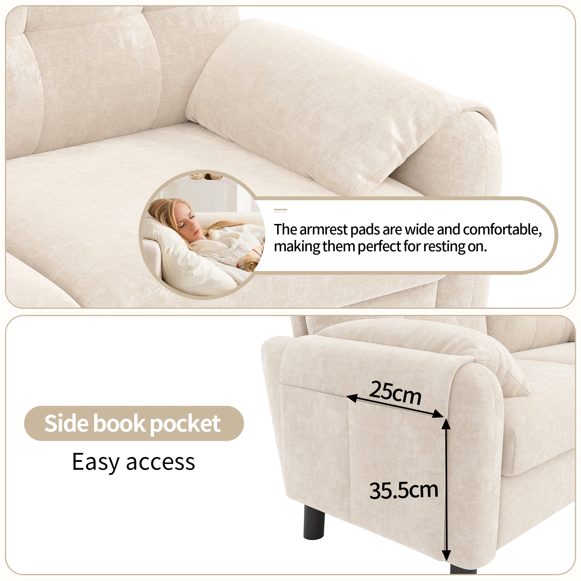 Canapé 2 places moderne avec coussins épais - 158 x 80 x 88.5 cm - Tissu en chenille - Beige - 4