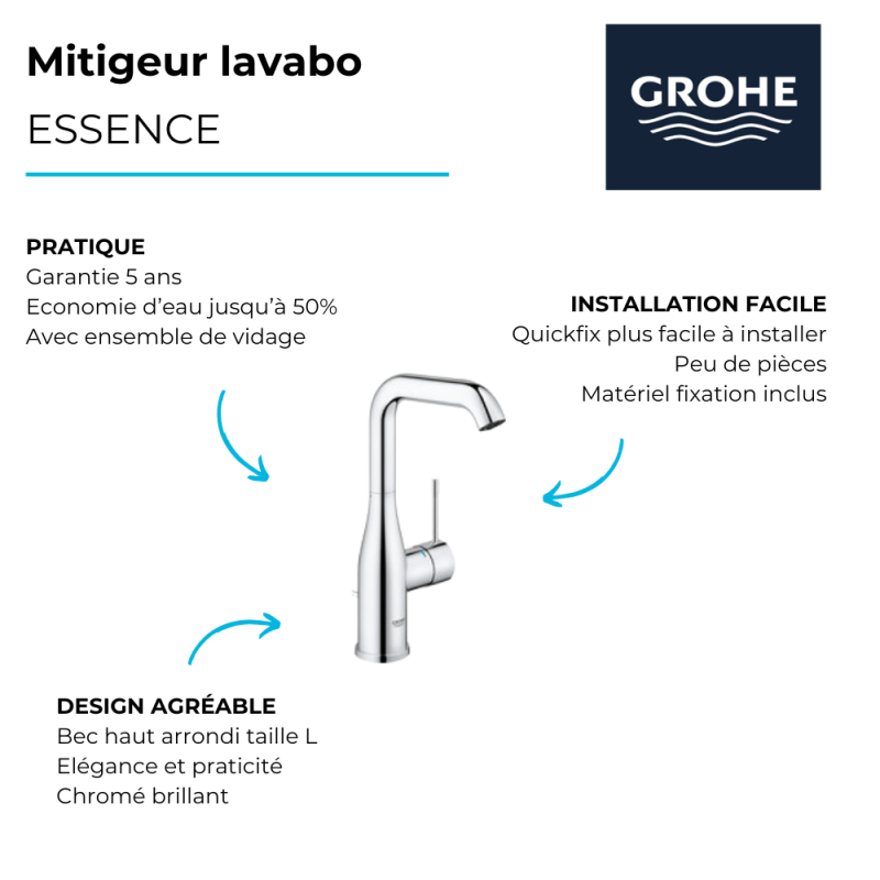 Robinet lavabo GROHE Essence L Chromé - 4