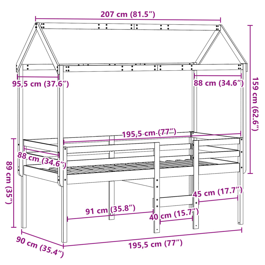 Lit haut avec toit 90x190 cm bois de pin massif - 9