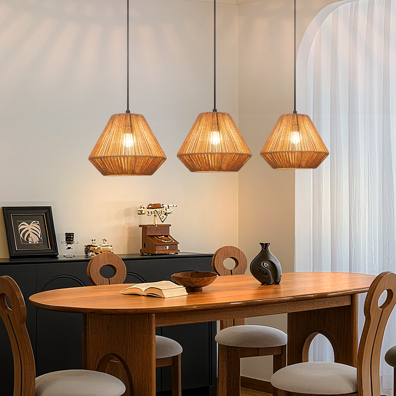 Nettlife Lampada Sospensione Boho Rattan - Lampadario 3 Luci E27, Regolabile, Stile Retrò, Tavolo Pranzo Camera (Senza Lampadina) - 2