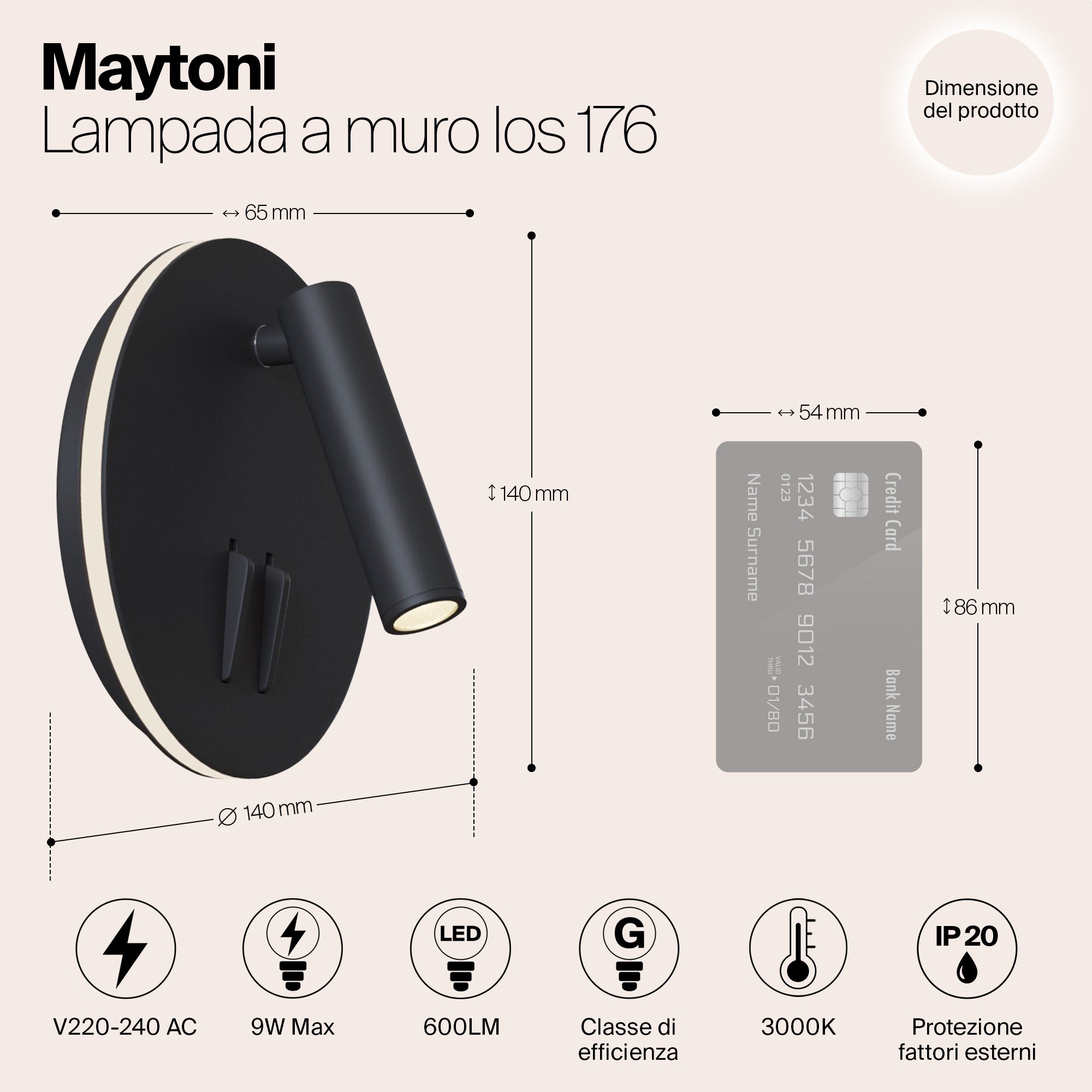 Lampada da parete Ios 176 in Alluminio per interni, ufficio, casa, salotto, corridoio 1x, lamp. non incl. Nero IP20 AC220-240 9W 3000K 220-240 Maytoni - 2