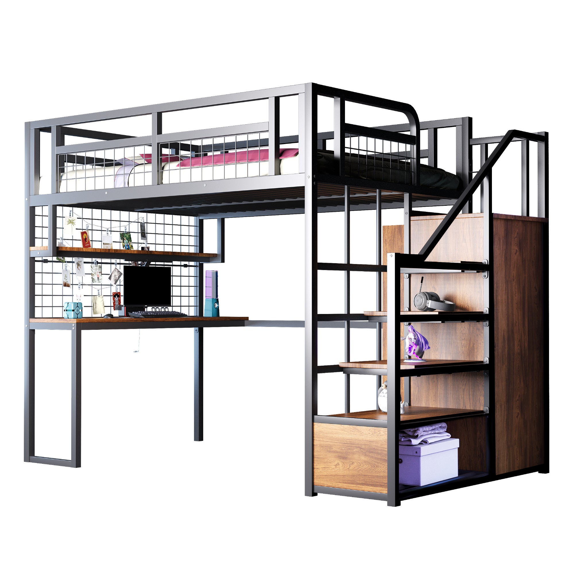 Lit Mezzanine Métal 140x200 Cm – Avec Bureau, étagère Et échelle Rangement – Idéal Enfant/ado