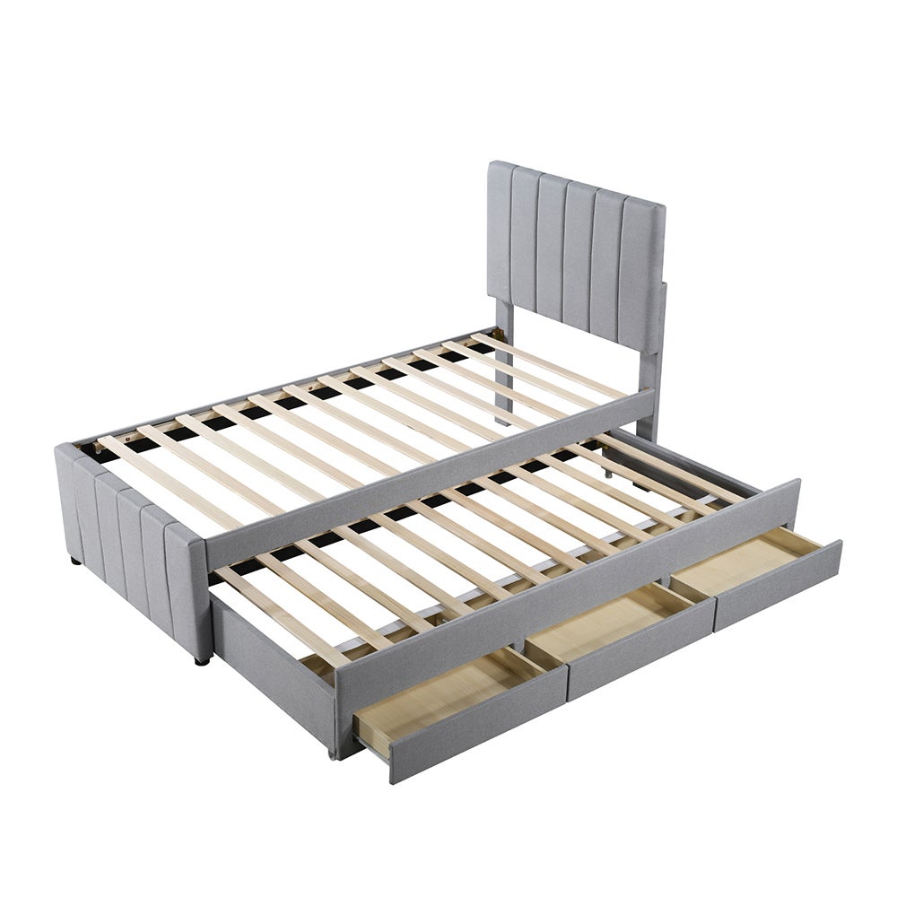 Lit simple 90 x 200 cm avec Lit gigogne 90 x 190 cm - 3 tiroirs - Tête de lit réglable - Tissu en lin - Gris - 6