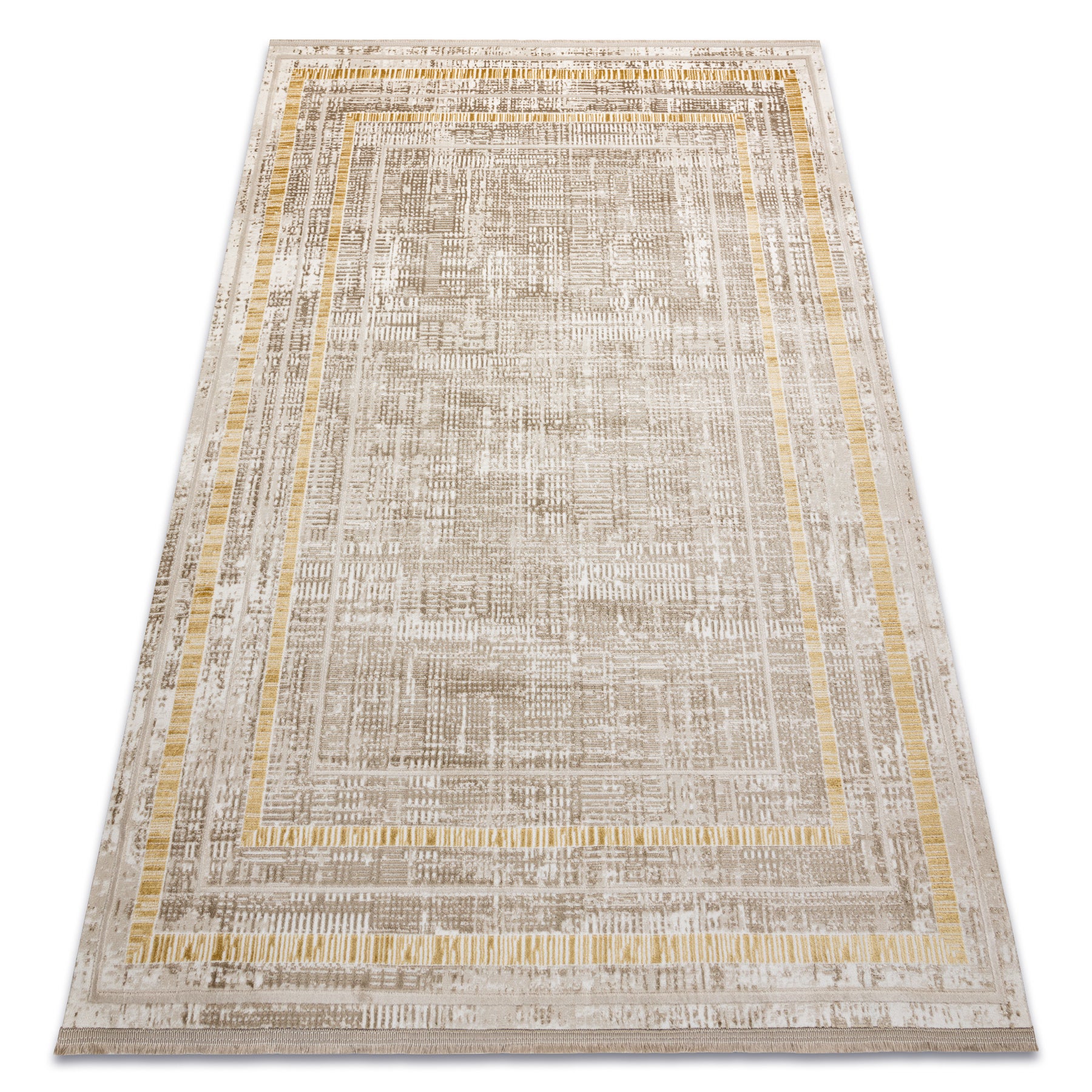 Dywan DUKE 51523 beż / złoty - Ramka, strukturalny, bardzo miękki, frędzle 140x190 cm