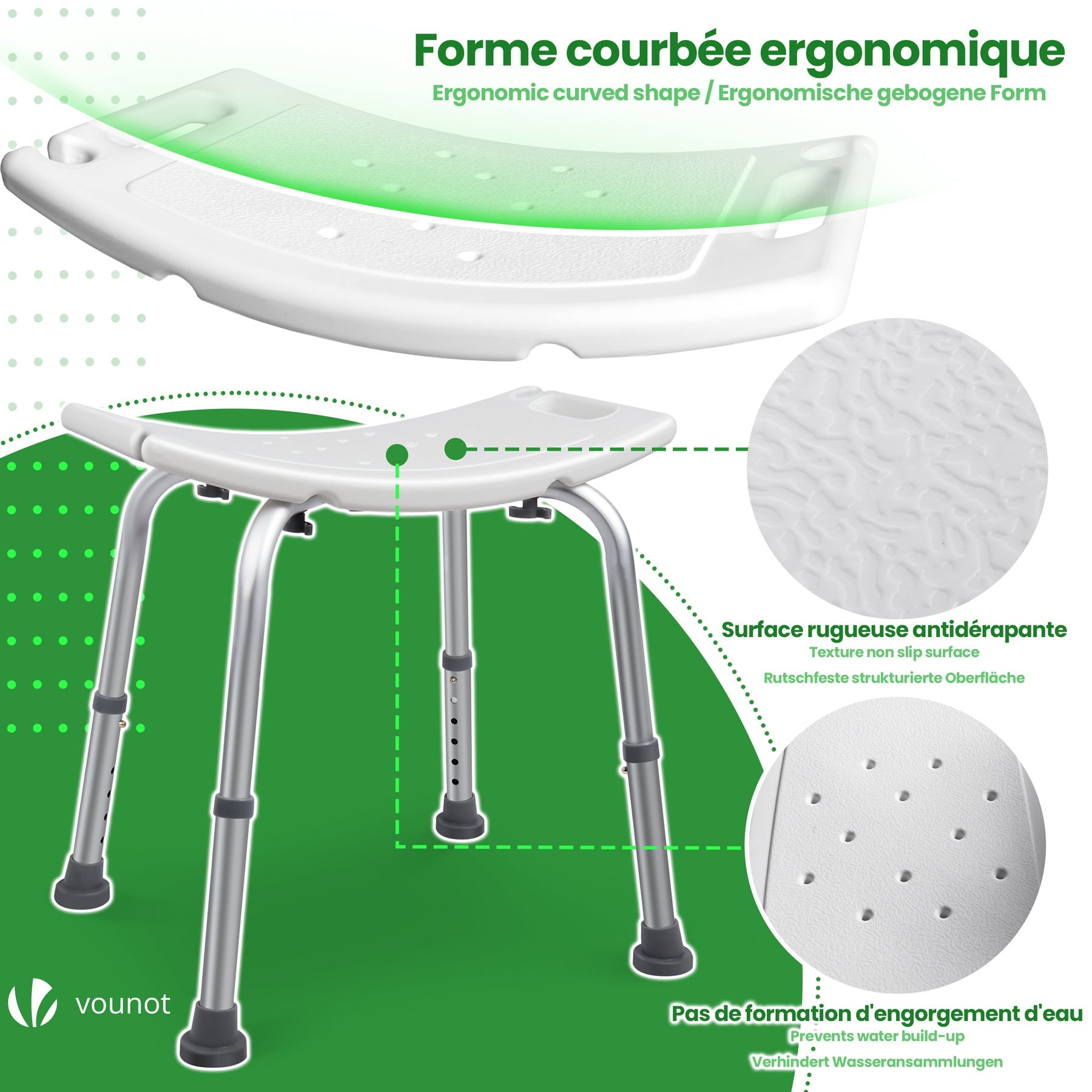 VOUNOT® Taburete de Ducha Altura Regulable 38-52 cm, Blanco - 5