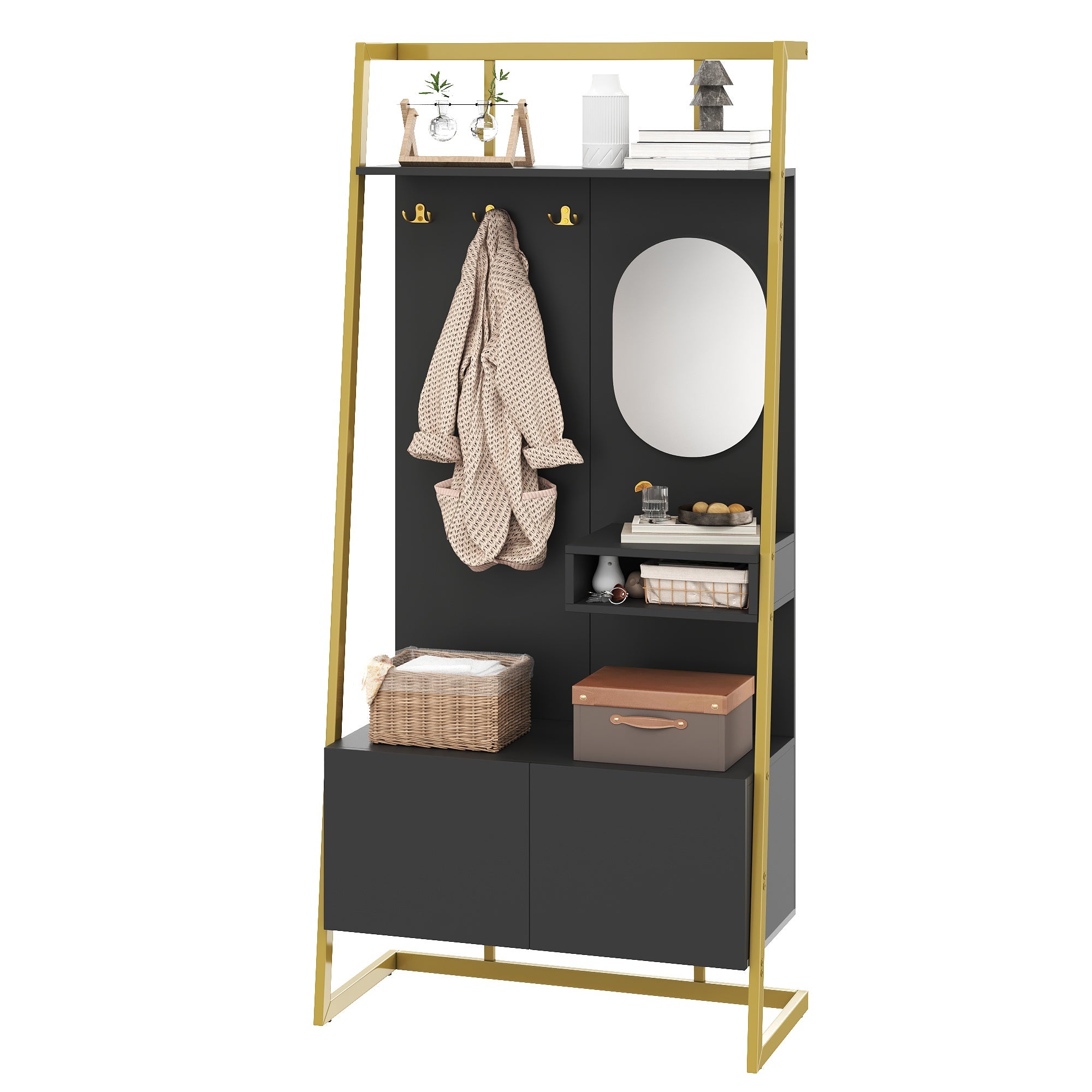 Szafka na buty z lustrem, ławką na buty i wieszakami - 78 x 38,5 x 180,5 cm - MDF i metal - Czarna